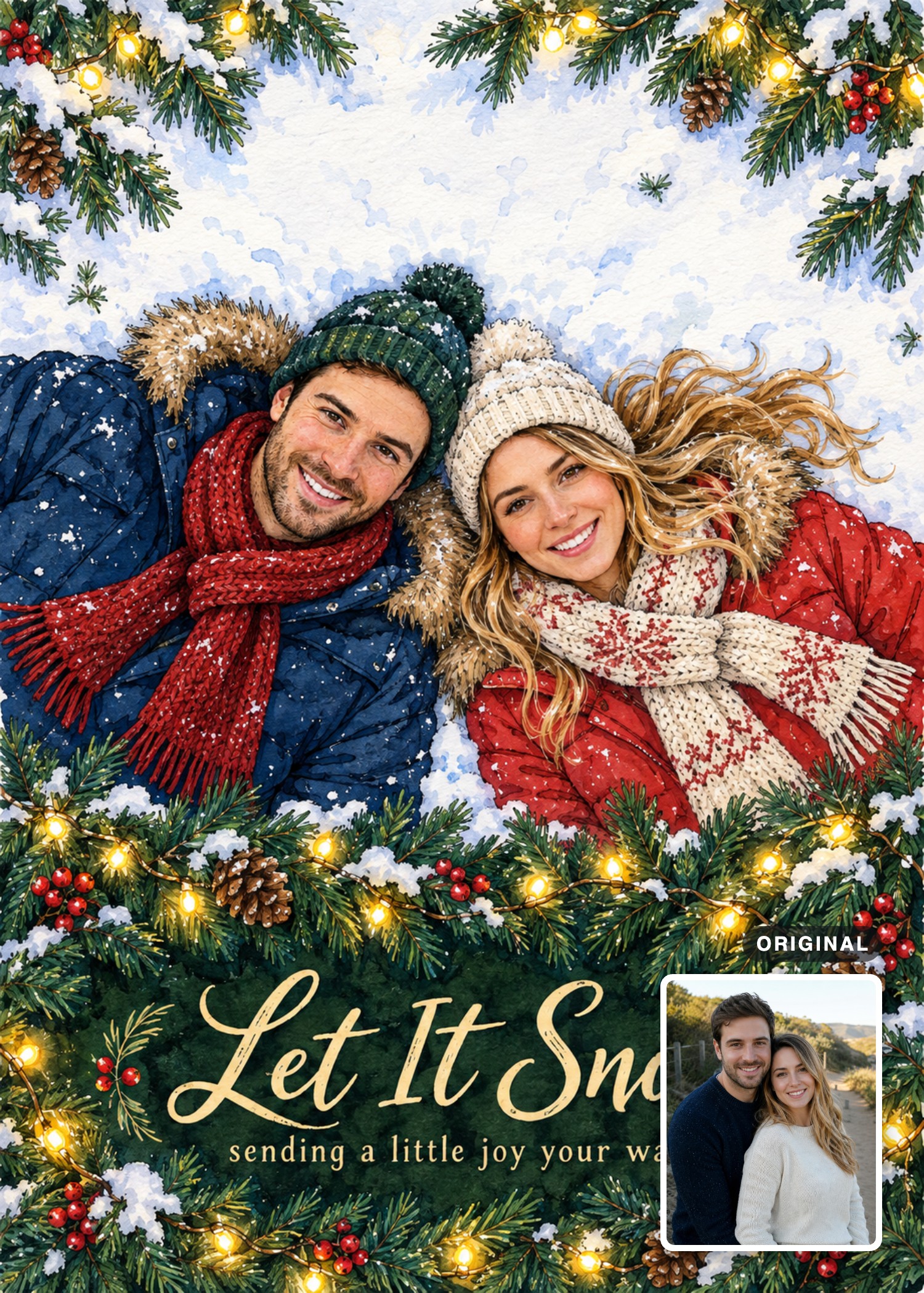 Christmas card showing two adults in winter clothes lying together in snow, with their original outdoor portrait inset at the lower right.