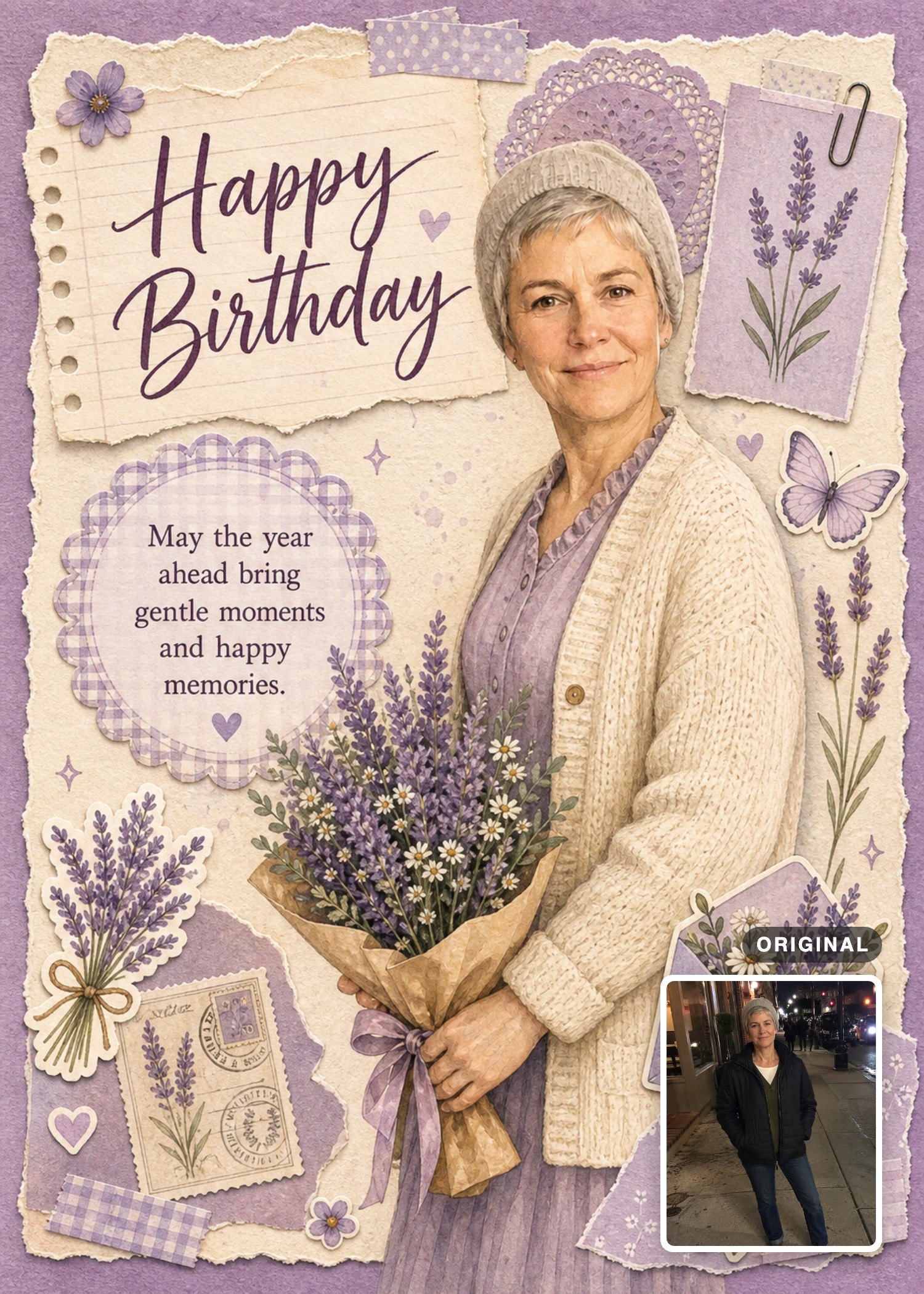 Lavender scrapbook birthday card with an older woman holding a bouquet, with the original photo inset.