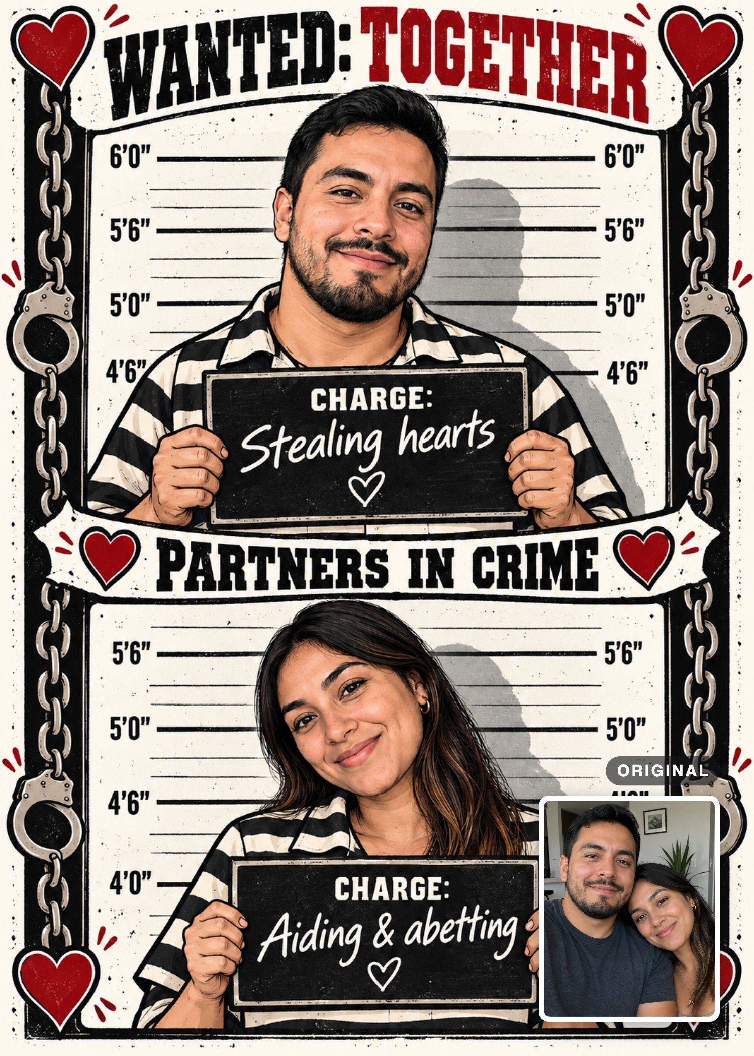 A man and woman in a comical wanted-poster scene, holding “Stealing hearts” and “Aiding & abetting” signs, with their original photo inset.