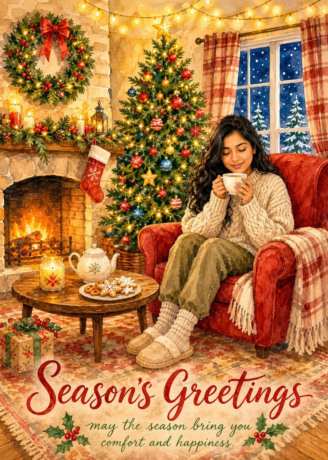 Personalized watercolor Christmas card with a woman enjoying tea beside a fireplace and decorated Christmas tree.