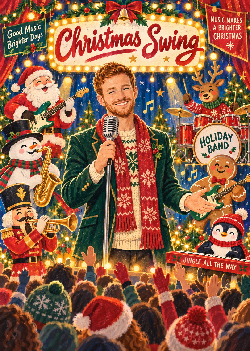 Retro Christmas card with a red-haired, bearded singer holding a microphone beneath a “Christmas Swing” marquee, surrounded by a festive band and cheering crowd.