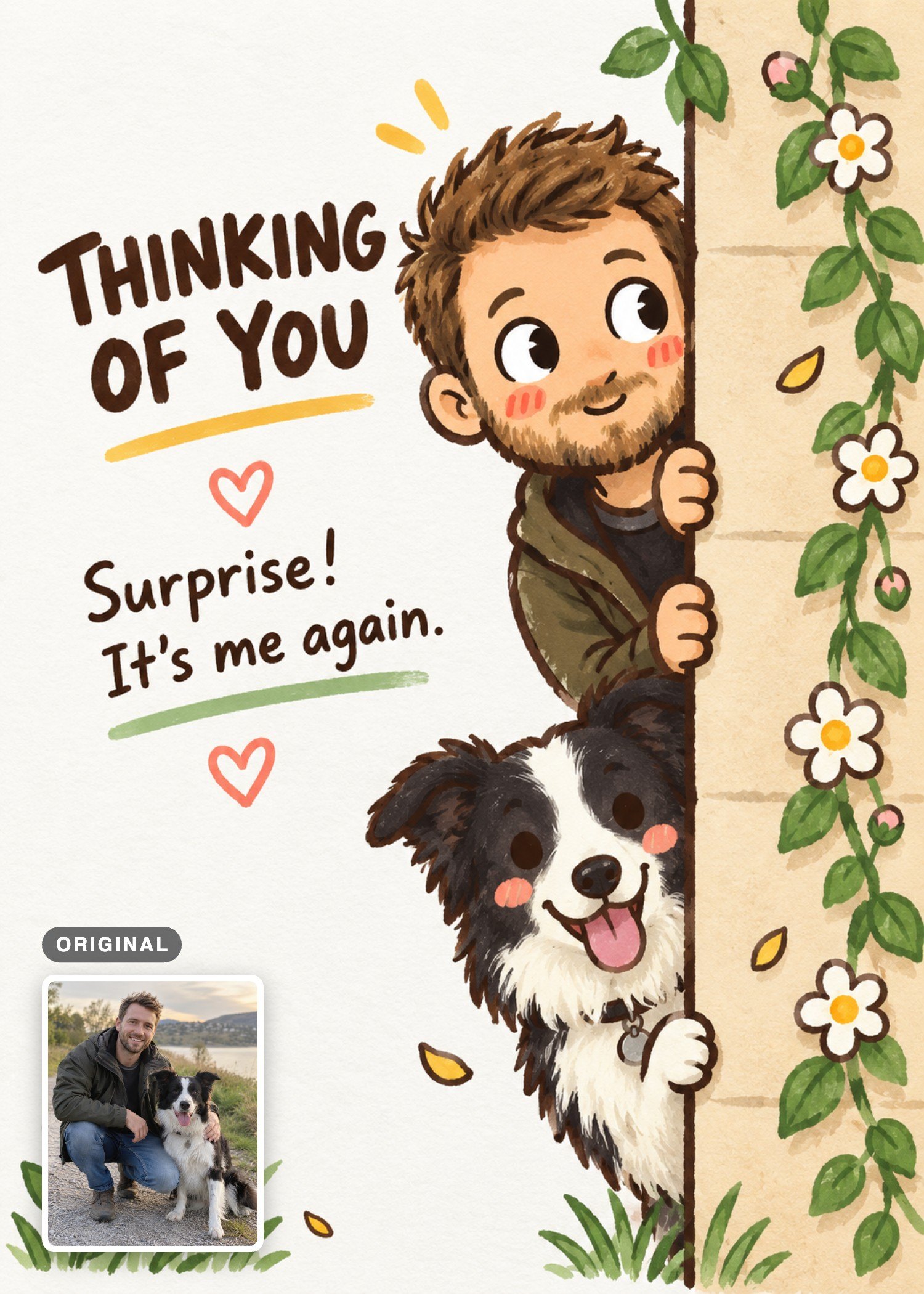 Cartoon thinking-of-you card with a bearded man and black-and-white dog peeking around a flowered wall, with their outdoor photo inset.