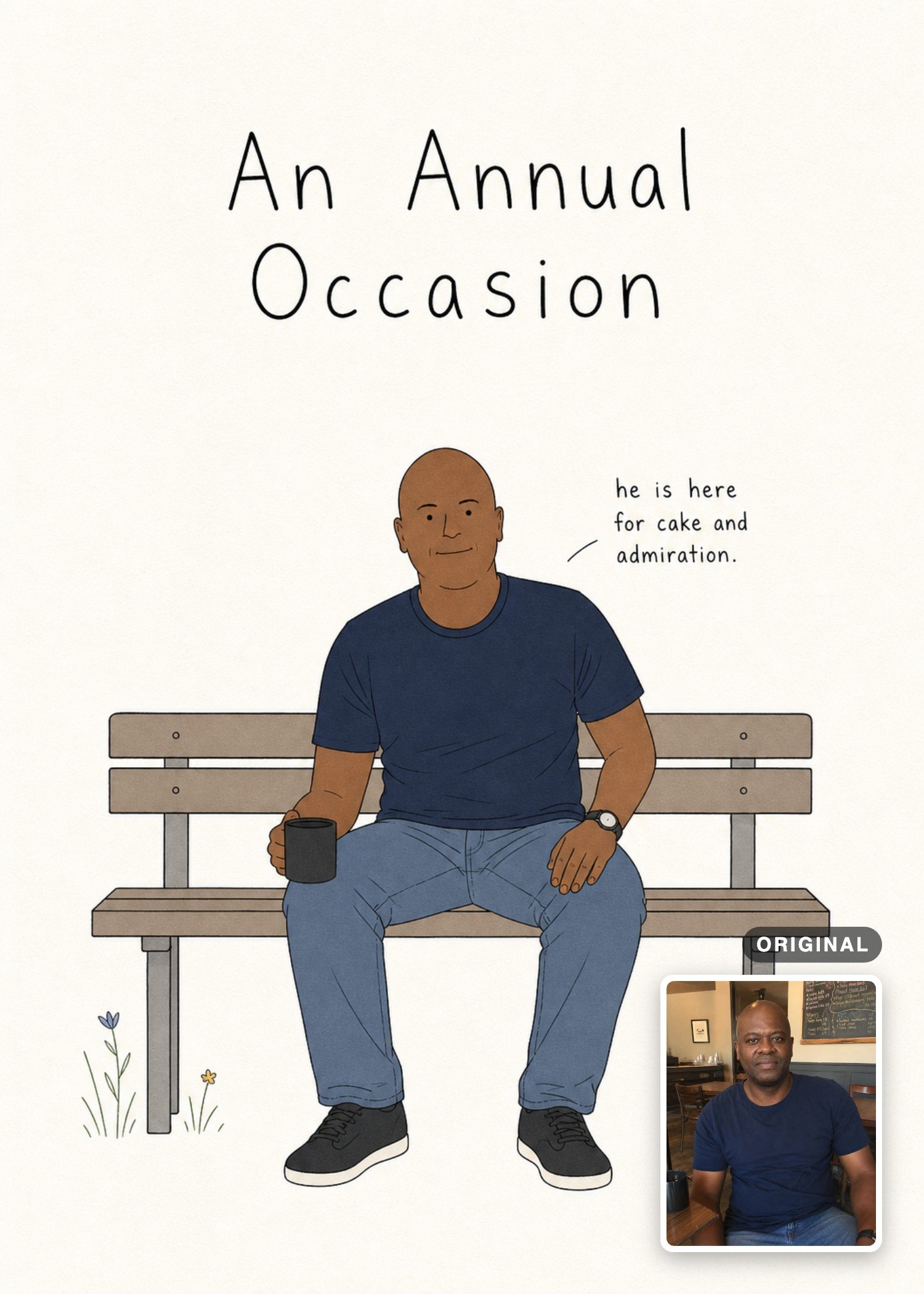 Minimalist birthday card with a man holding a mug on a park bench, with the original photo inset.