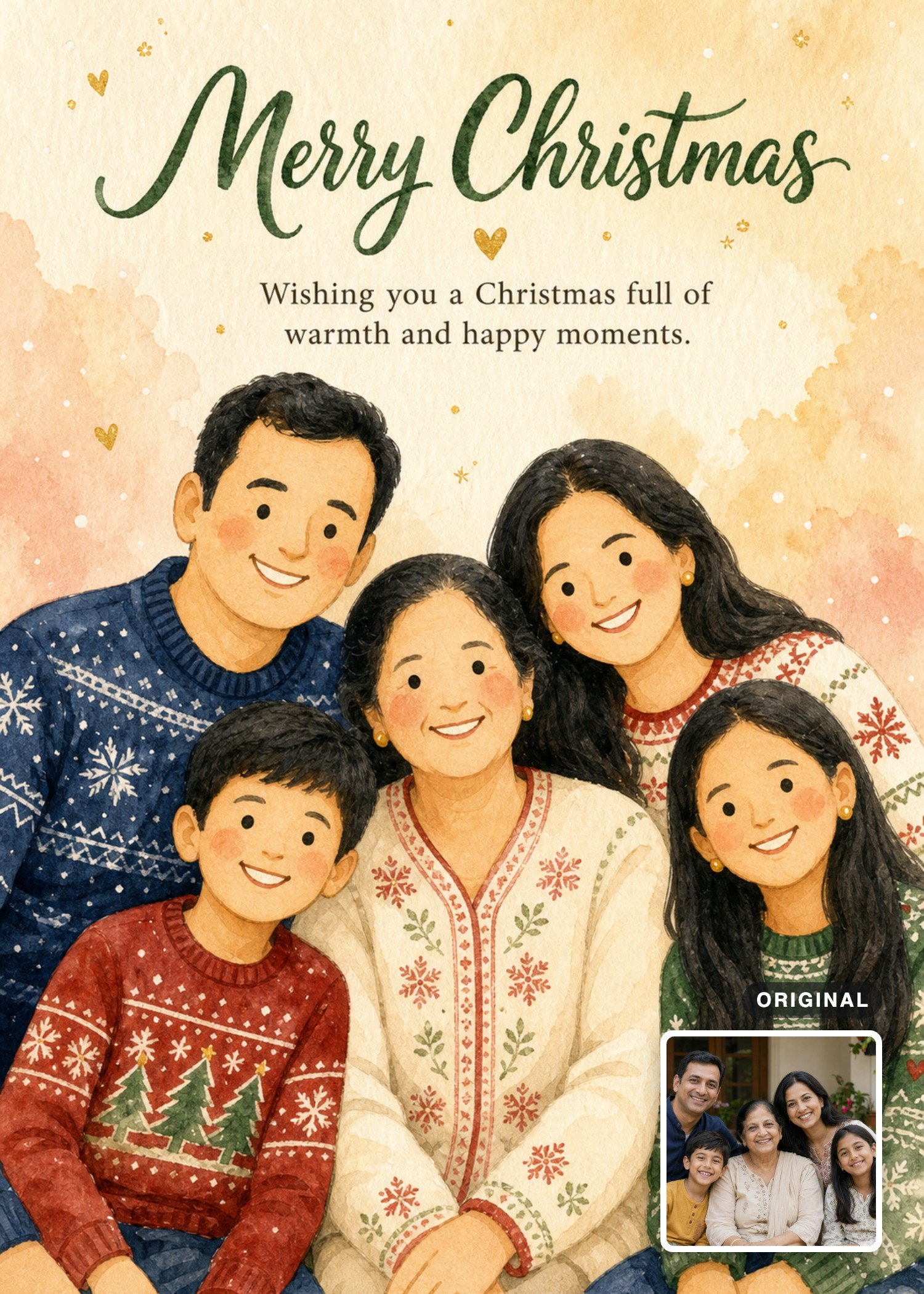 Watercolor Christmas card with a five-person family in festive sweaters, with the original photo inset.