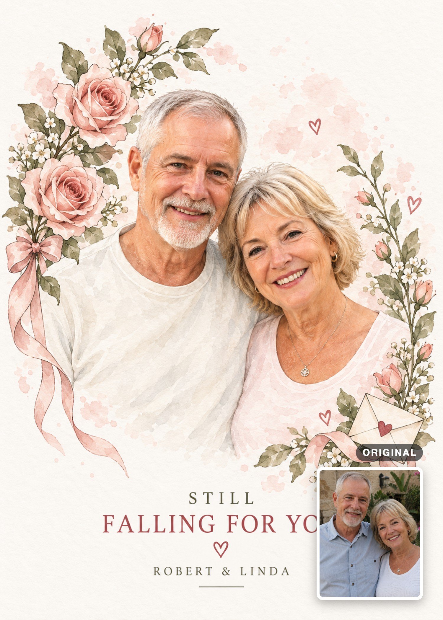 An older couple smiling together in a watercolor Valentine’s Day card with roses and ribbons, with their original photo inset.
