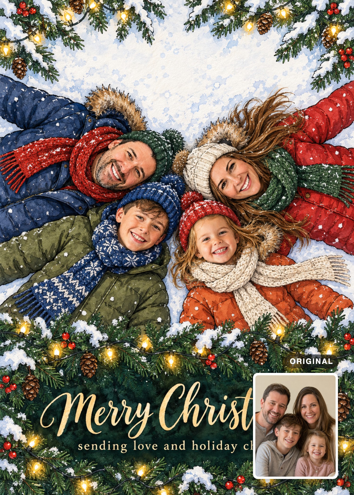 Christmas card showing two adults and two children lying together in snow, with their original family portrait inset at the lower right.