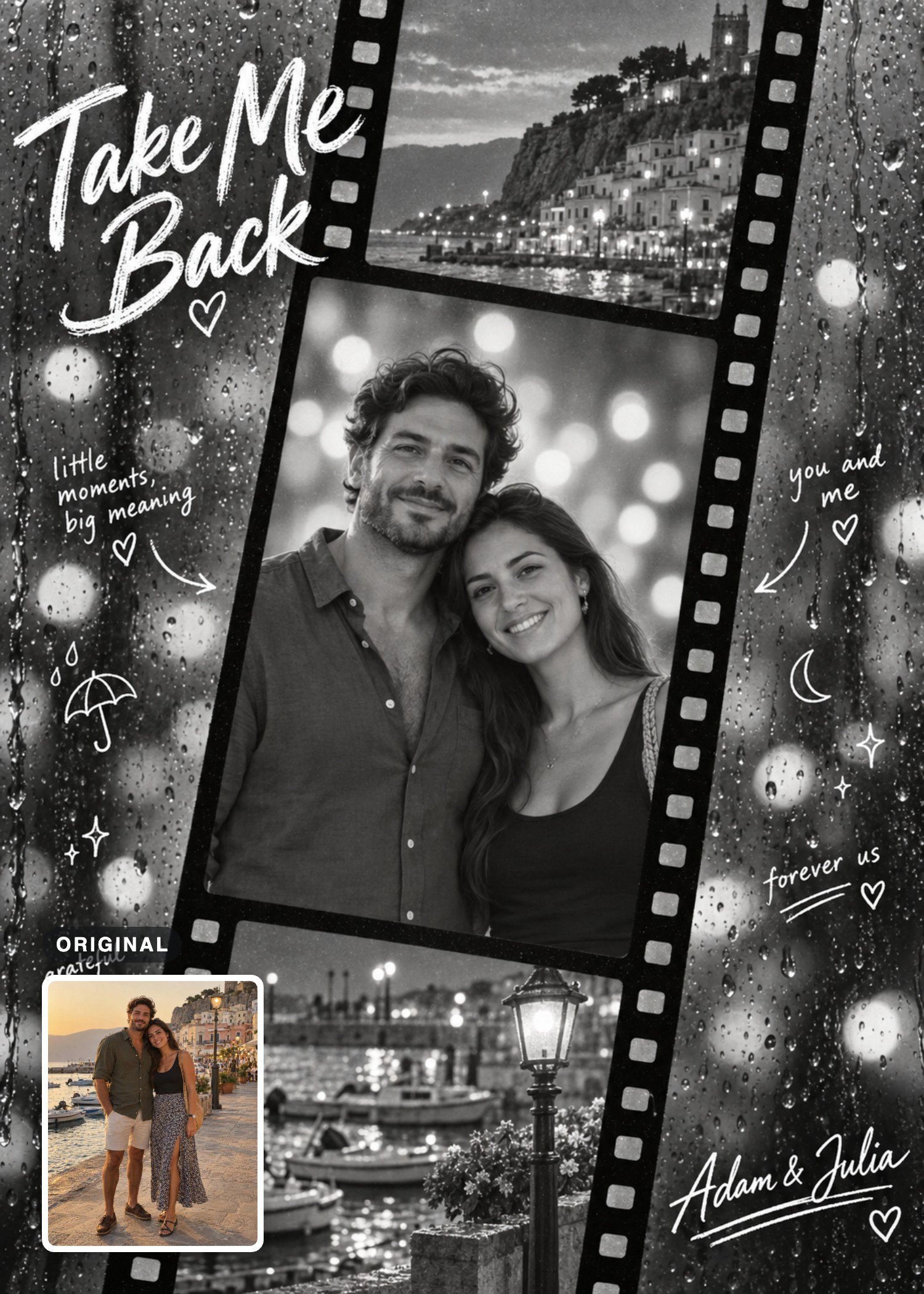 Black-and-white filmstrip card featuring a man and woman, a coastal town and harbor boats, with their original seaside photo inset.