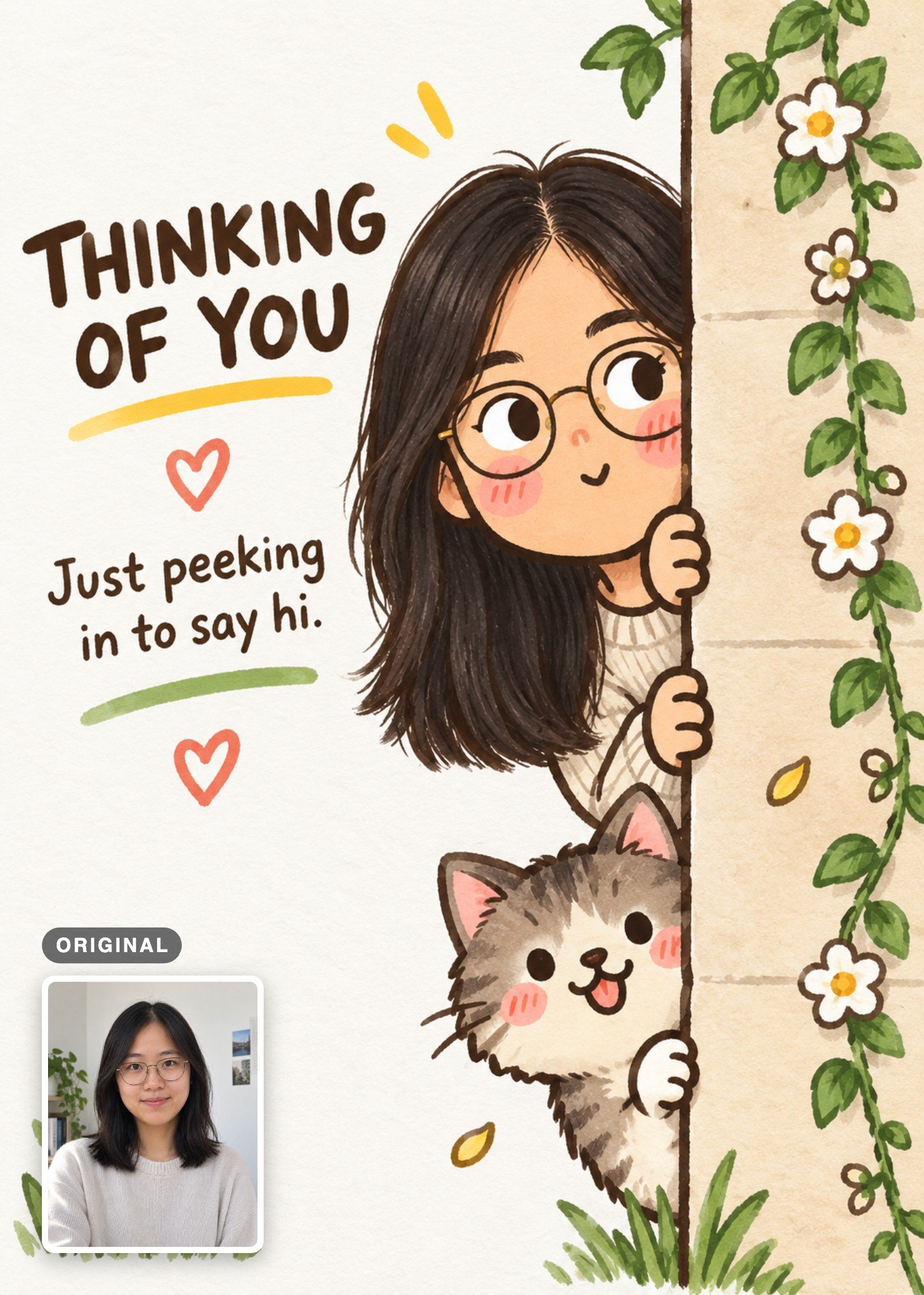 Cartoon thinking-of-you card with a woman wearing glasses and an added tabby cat peeking around a flowered wall, with her solo portrait inset.