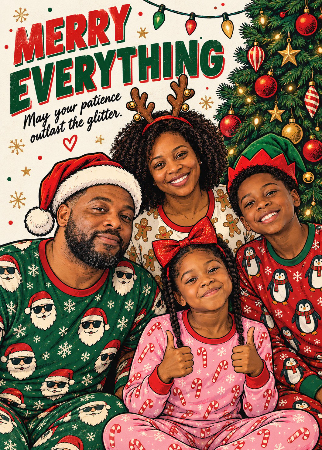 Retro comic Christmas card featuring a family of four in printed pajamas and festive headwear beside a decorated tree.