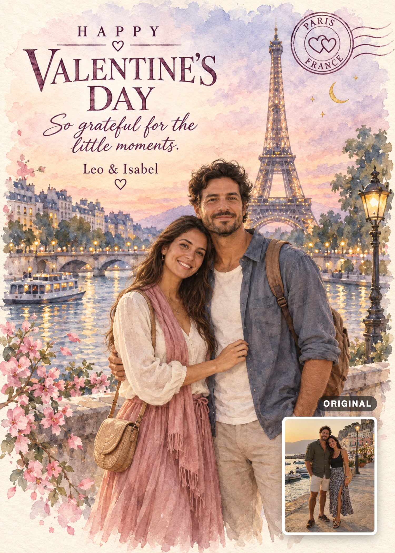 A couple’s indoor photo reimagined as a watercolor Paris Valentine’s Day card, with the original photo inset.