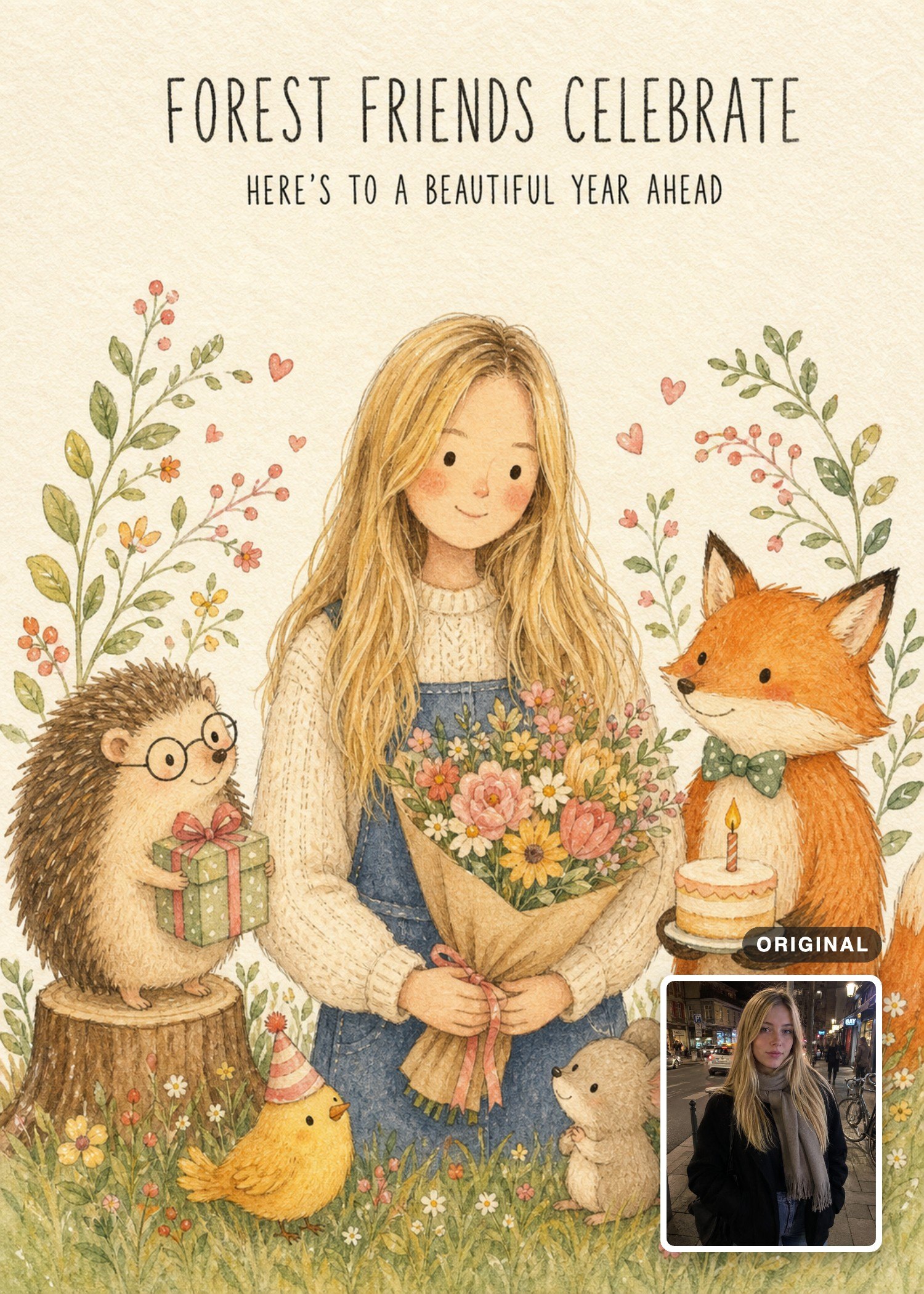 Woodland birthday card with a blonde young woman holding flowers beside a fox, hedgehog, chick, and mouse, with the original photo inset.