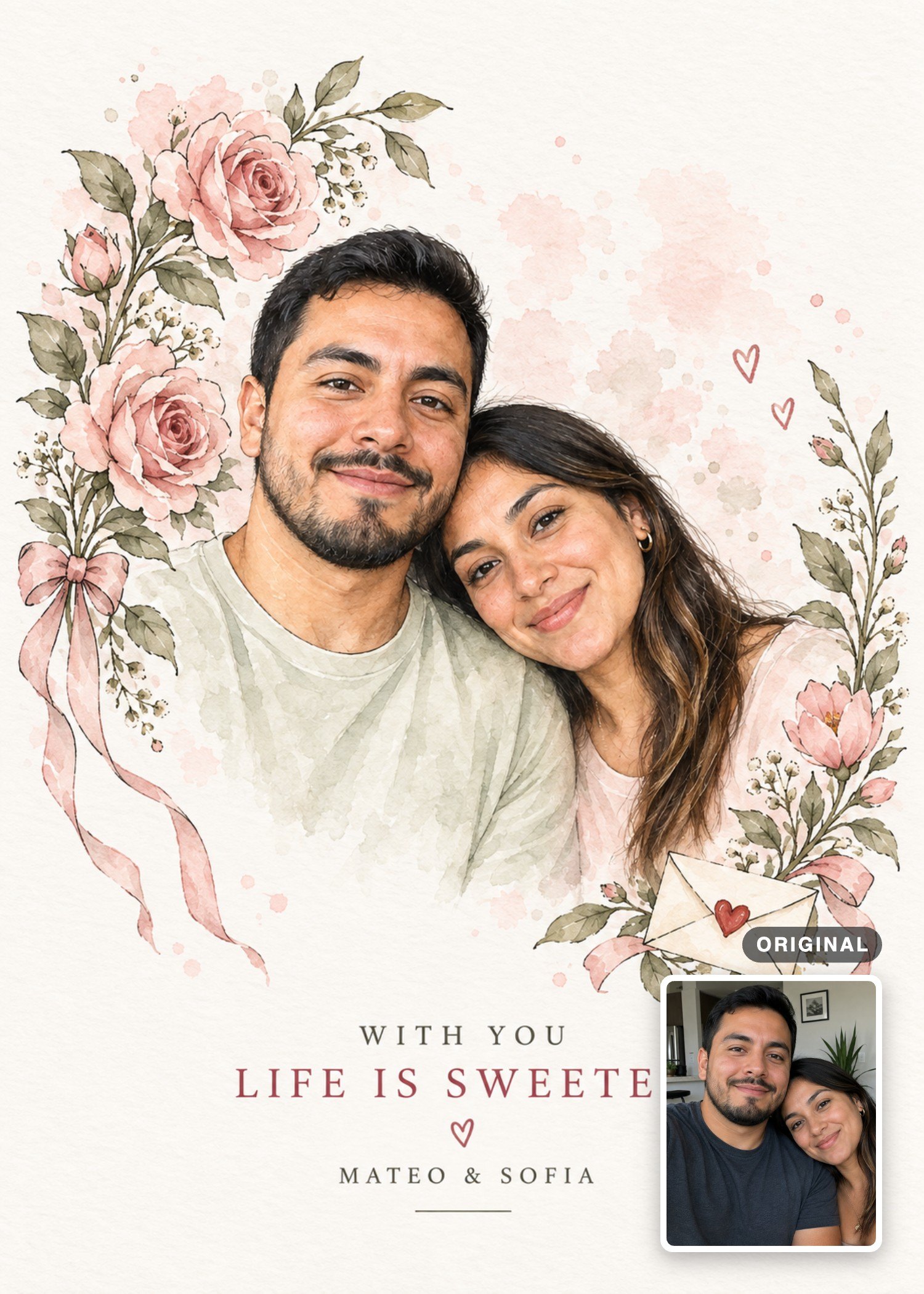 A couple leaning together in a watercolor Valentine’s Day card with pink roses, with their original indoor photo inset.