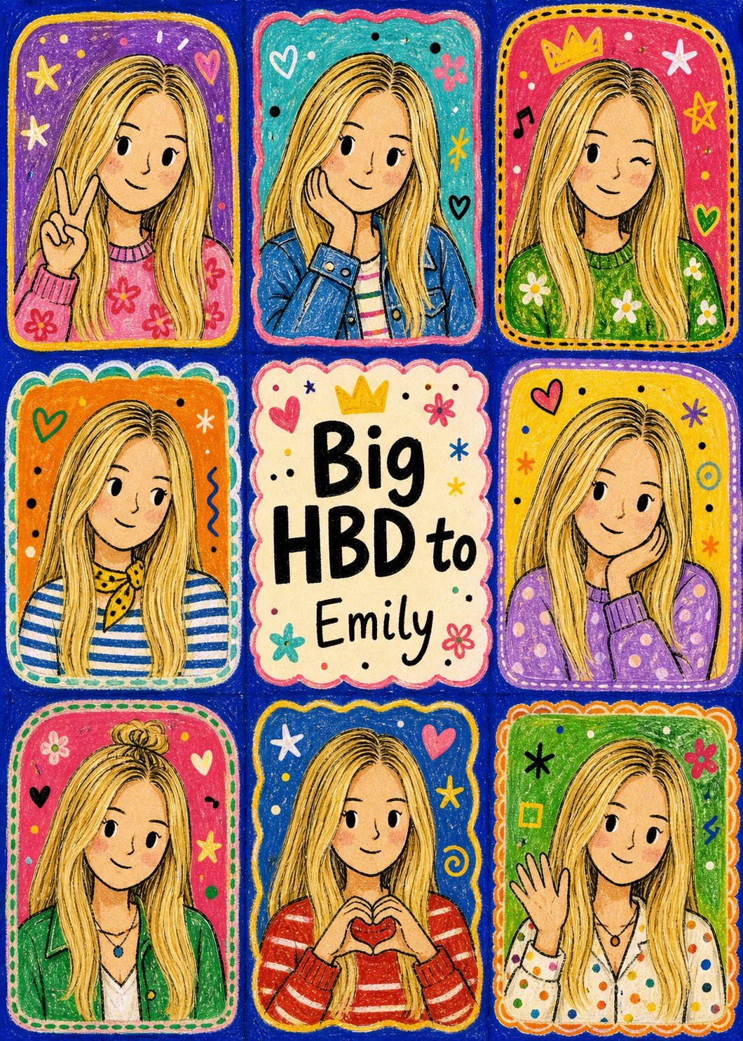 Personalized birthday collage with eight colorful illustrated portraits of Emily and a birthday message in the center.