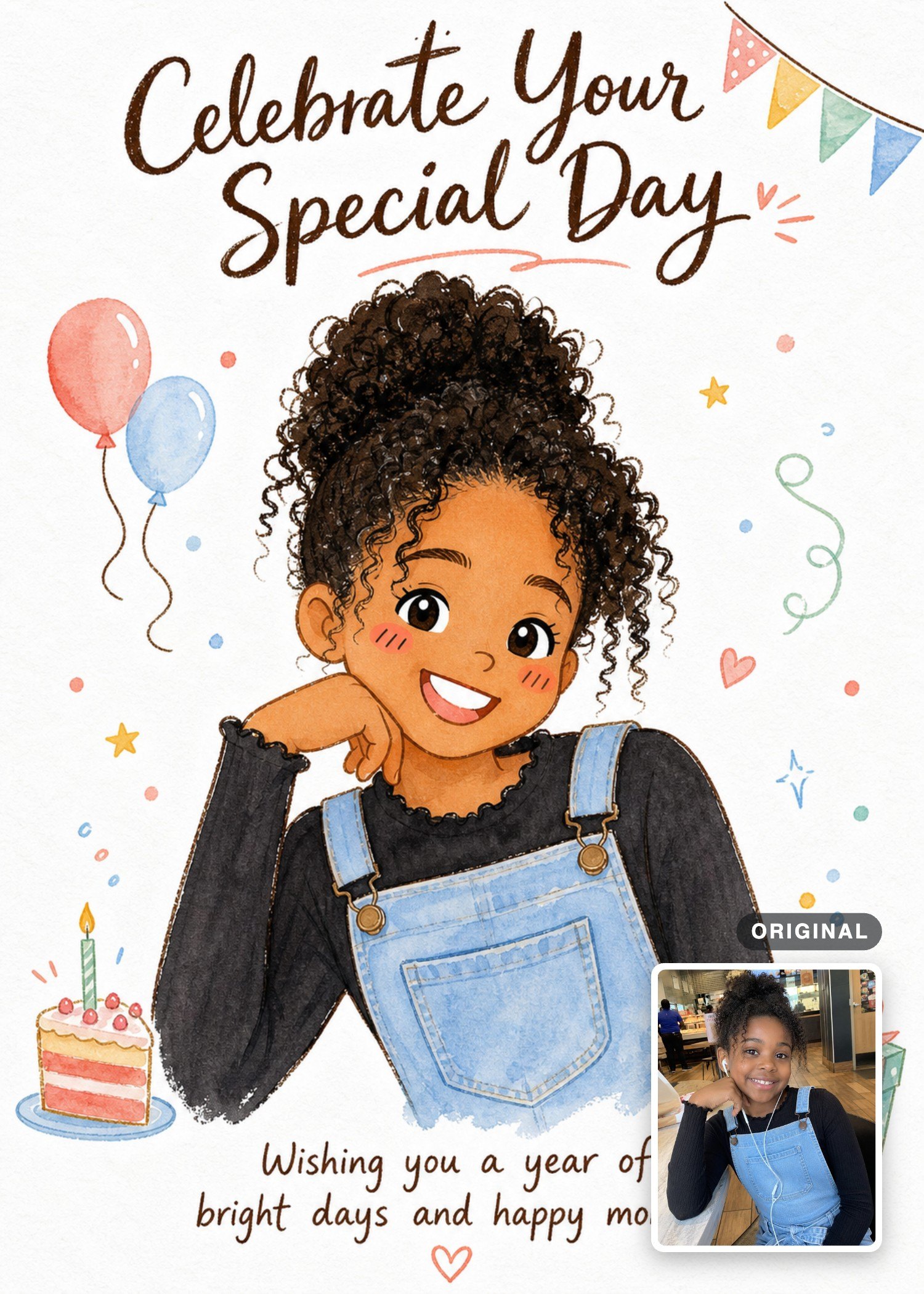 Watercolor birthday card with a smiling child, balloons, cake, and a gift box.