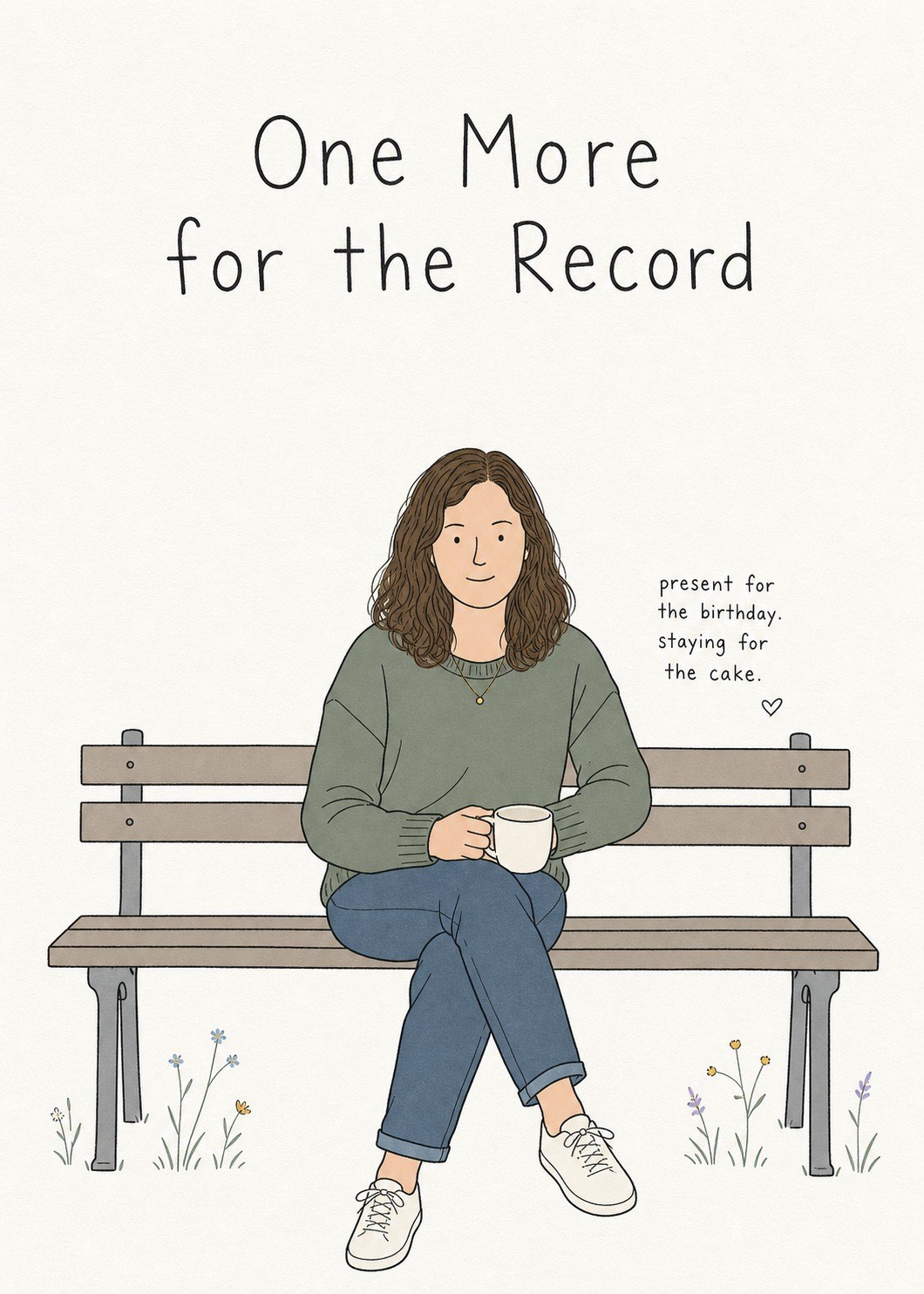Personalized minimalist birthday card with a woman seated on a park bench and dry-humor copy.