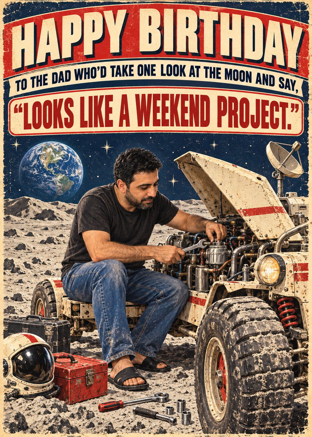 Retro birthday card for Dad showing a bearded man repairing a lunar rover, with Earth in the background.