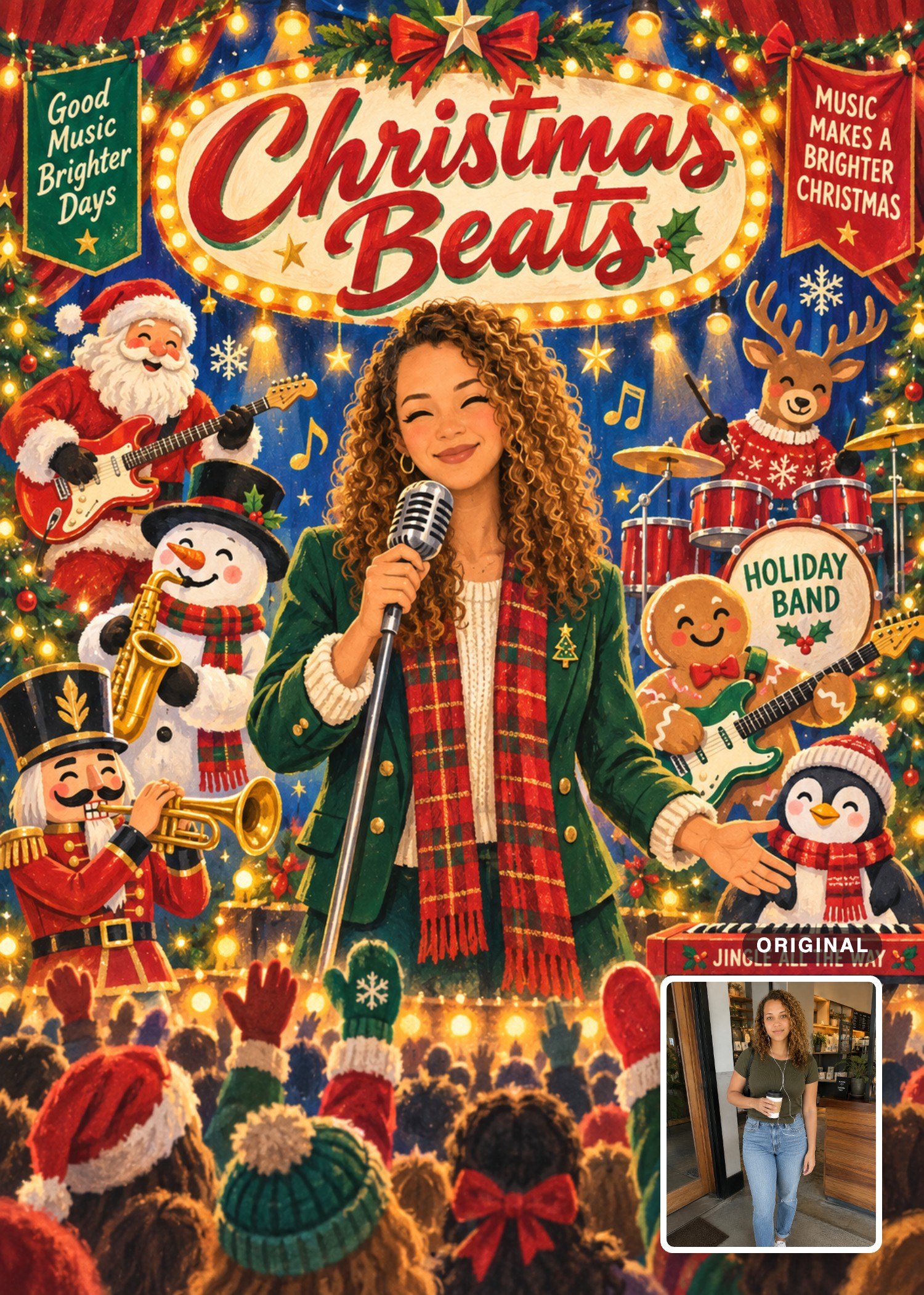 Retro Christmas card with a curly-haired woman singing alongside a festive character band beneath a glowing “Christmas Beats” sign.