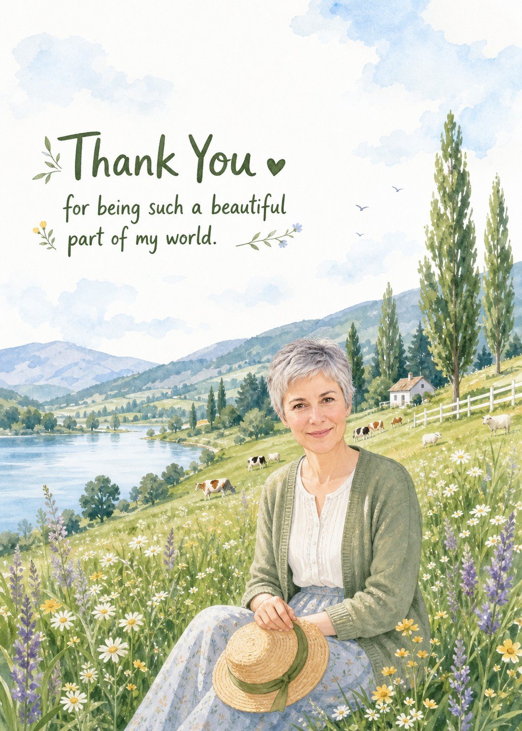 Personalized watercolor thank-you card with a woman seated in a wildflower meadow beside a peaceful lake.