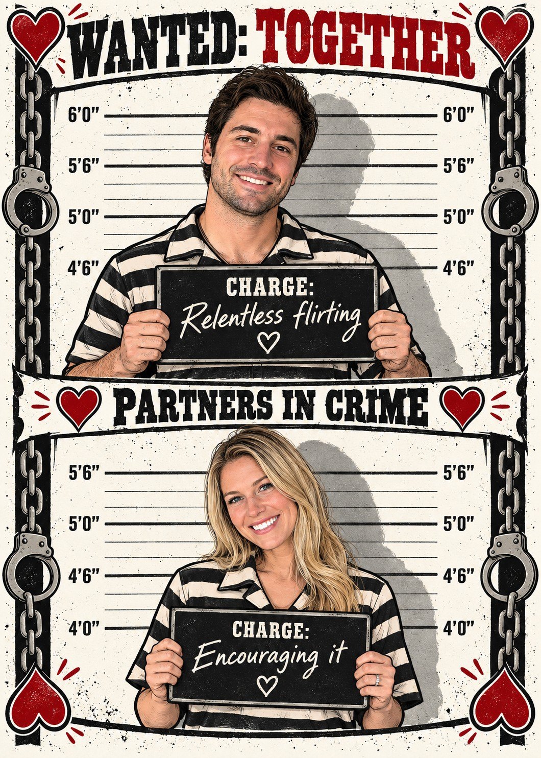 A man and woman in striped outfits holding humorous flirting charges on a black-and-red comic wanted-poster card.