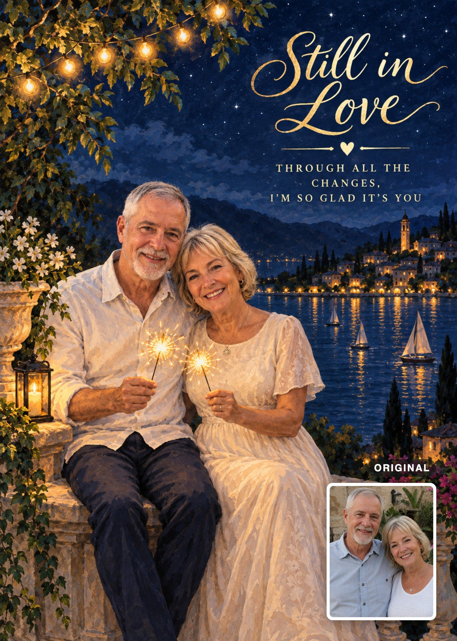 An older couple smiling and holding sparklers beside a lake at night, with their original photo inset.