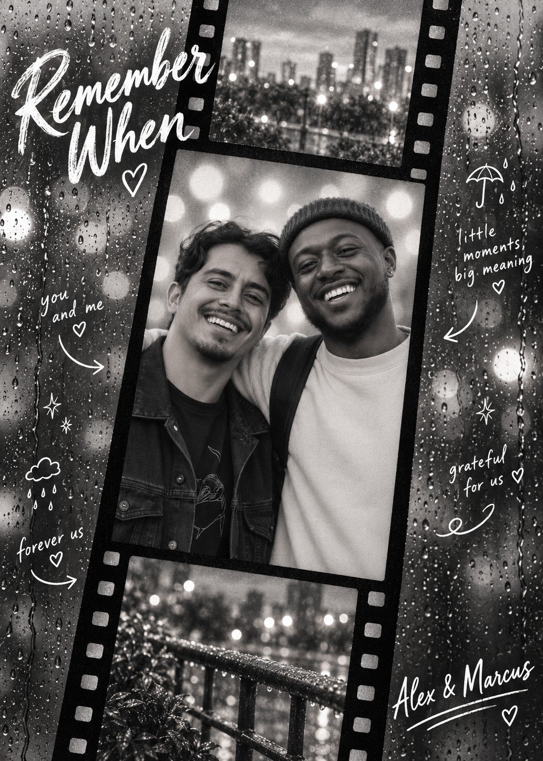 Black-and-white filmstrip card featuring two smiling men, city views, raindrops and handwritten “Remember When” lettering.