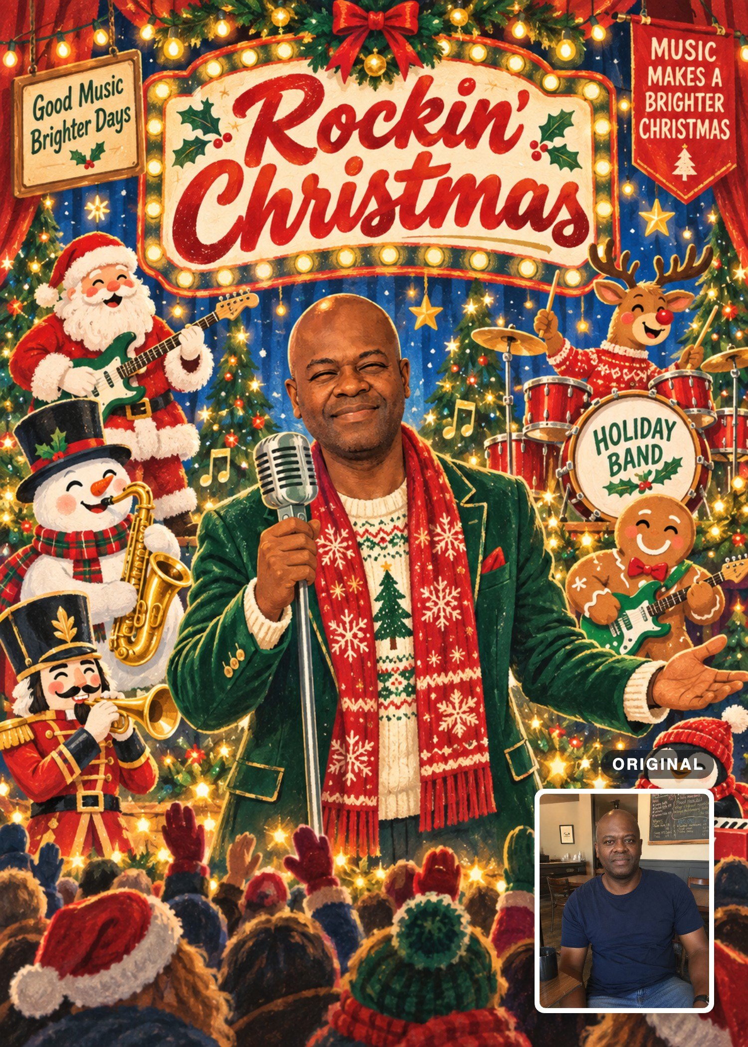 Retro Christmas card with a bald man holding a microphone beneath a “Rockin' Christmas” marquee, with Santa and other holiday musicians.