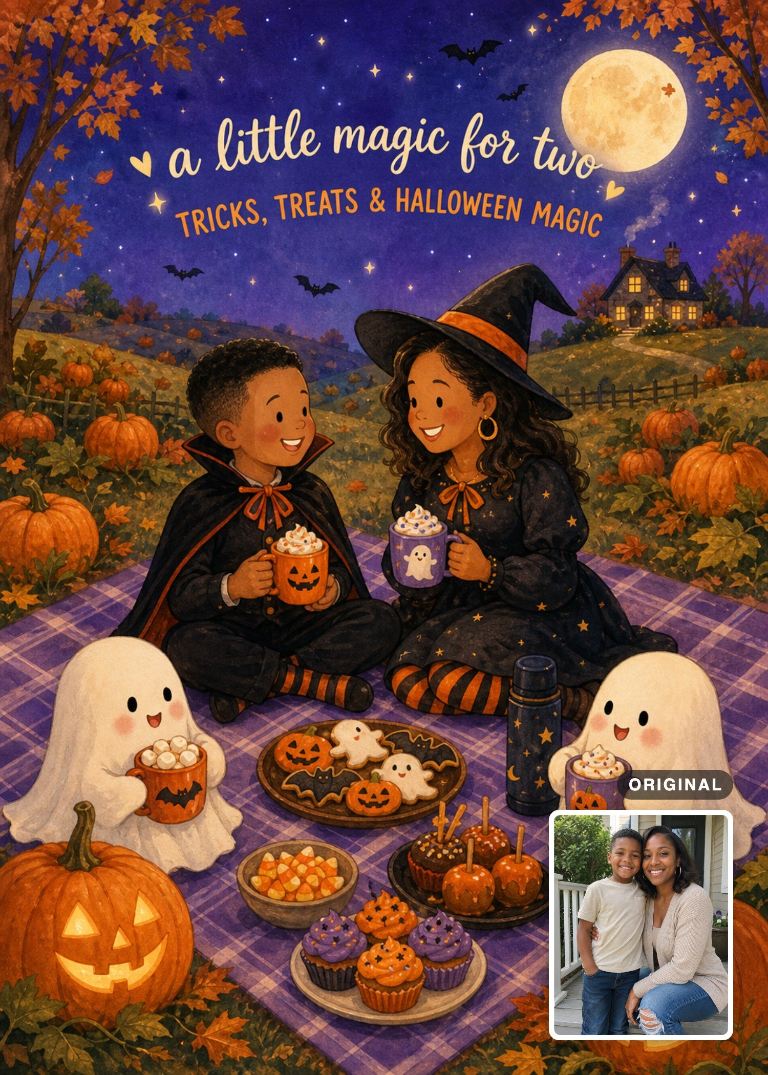 Halloween picnic card with a woman and a young boy in a moonlit Halloween scene, with the original photo inset.