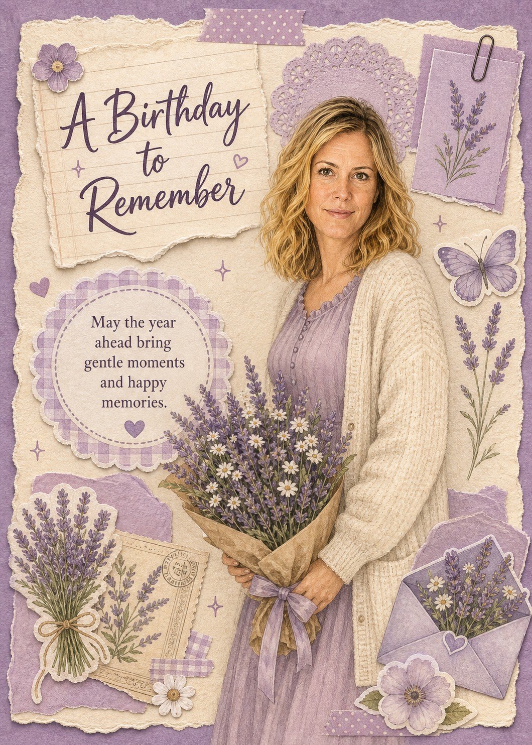 Lavender scrapbook birthday card with a woman holding a bouquet, surrounded by paper collage, butterflies, and lavender details.