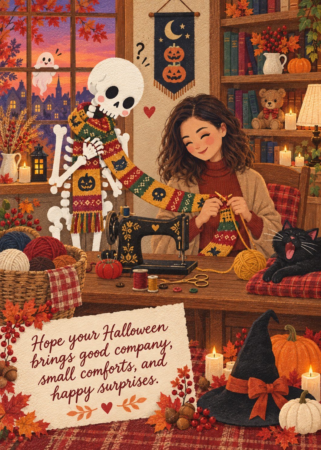 Storybook Halloween card showing a woman in a rust-colored sweater knitting a patterned scarf for a friendly skeleton in a candlelit craft room.