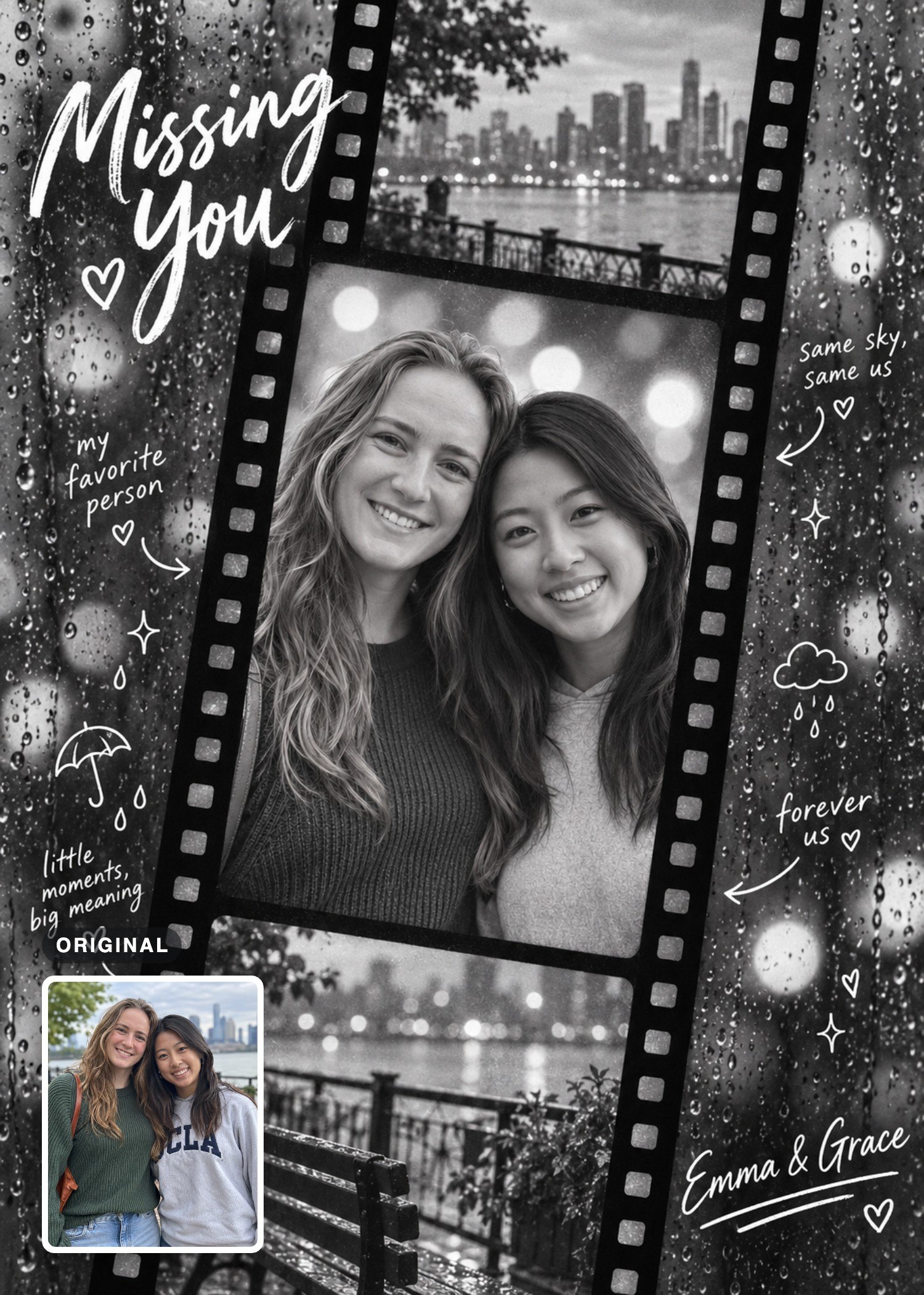 Black-and-white “Missing You” filmstrip card featuring two smiling women, a waterfront skyline and a bench, with their original color photo inset.