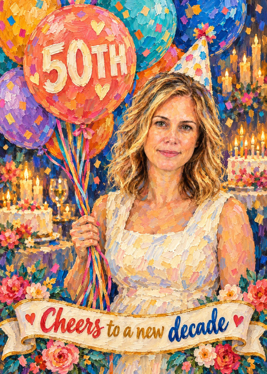 Oil-painted 50th birthday card featuring a woman holding colorful balloons, with a ribbon greeting below.