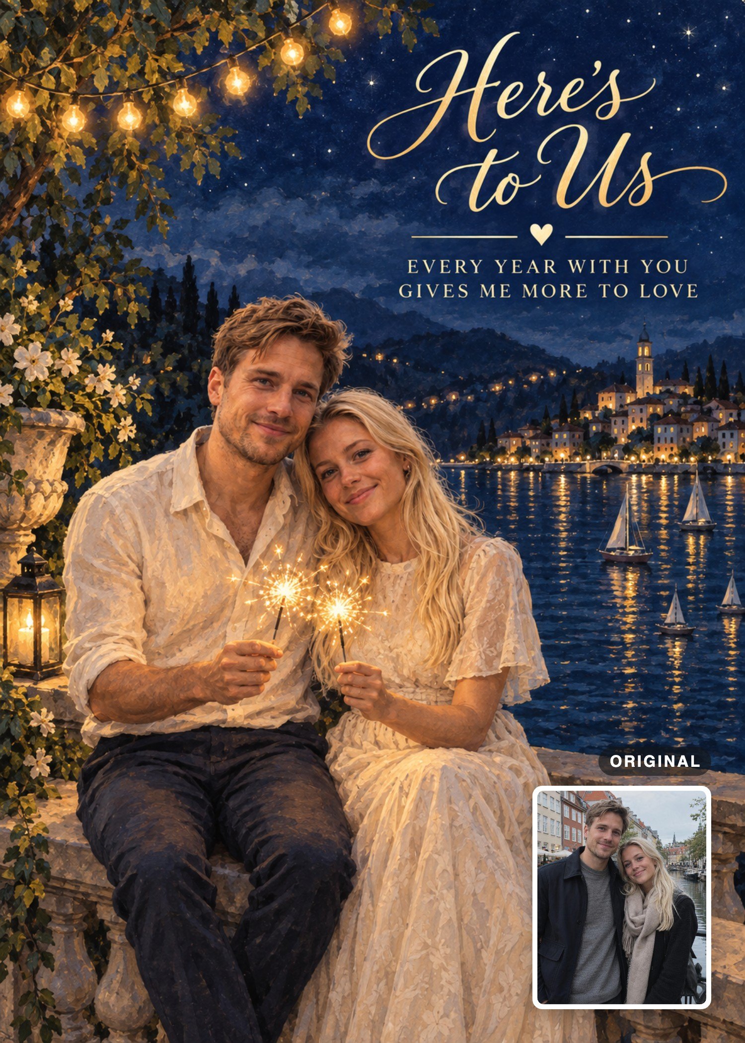 A couple’s casual outdoor photo transformed into a romantic lakeside illustration with cream outfits and sparklers, with the original photo inset.