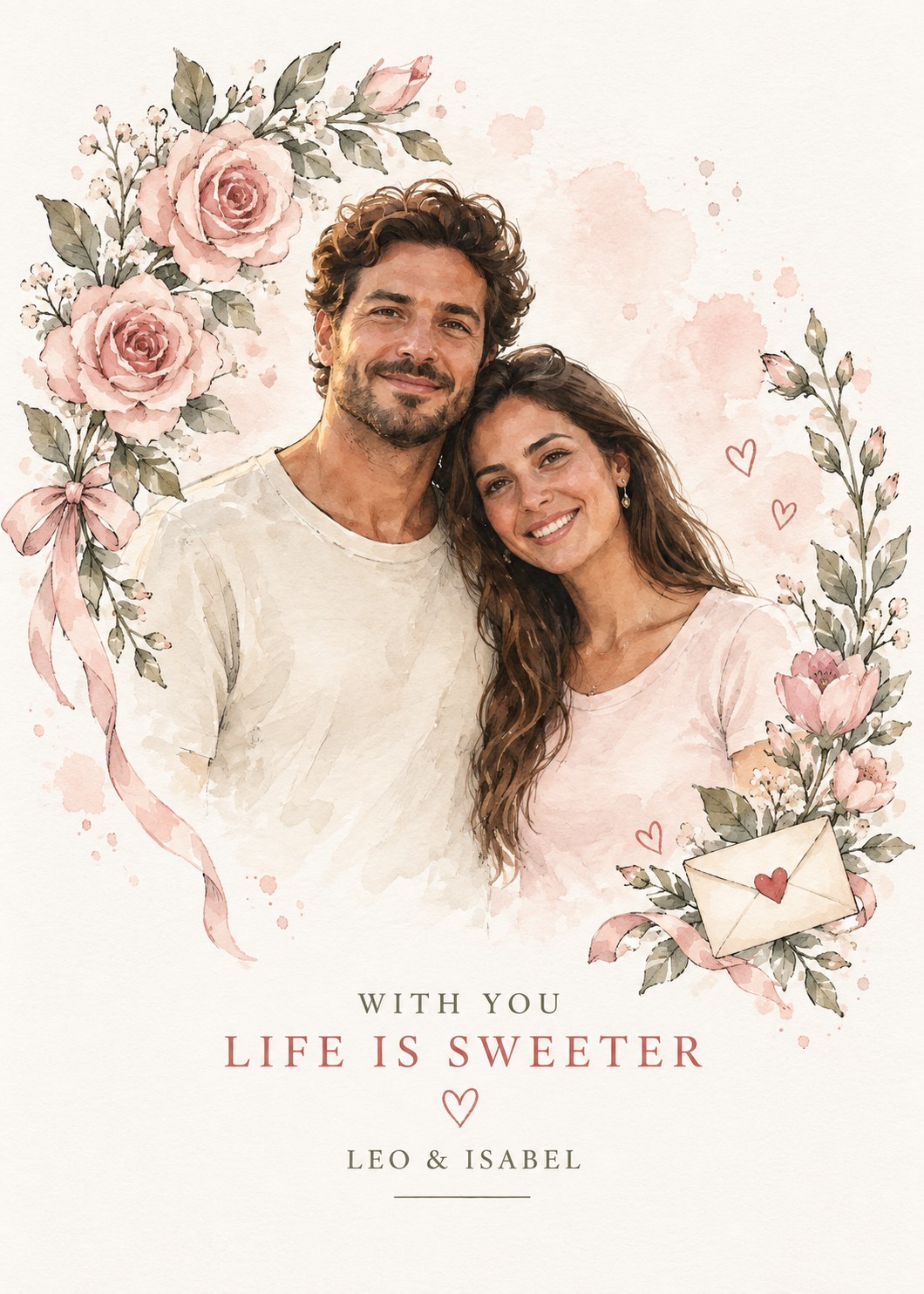 Personalized watercolor Valentine’s Day card with a smiling couple, blush roses, pink ribbons and a heart-sealed envelope.