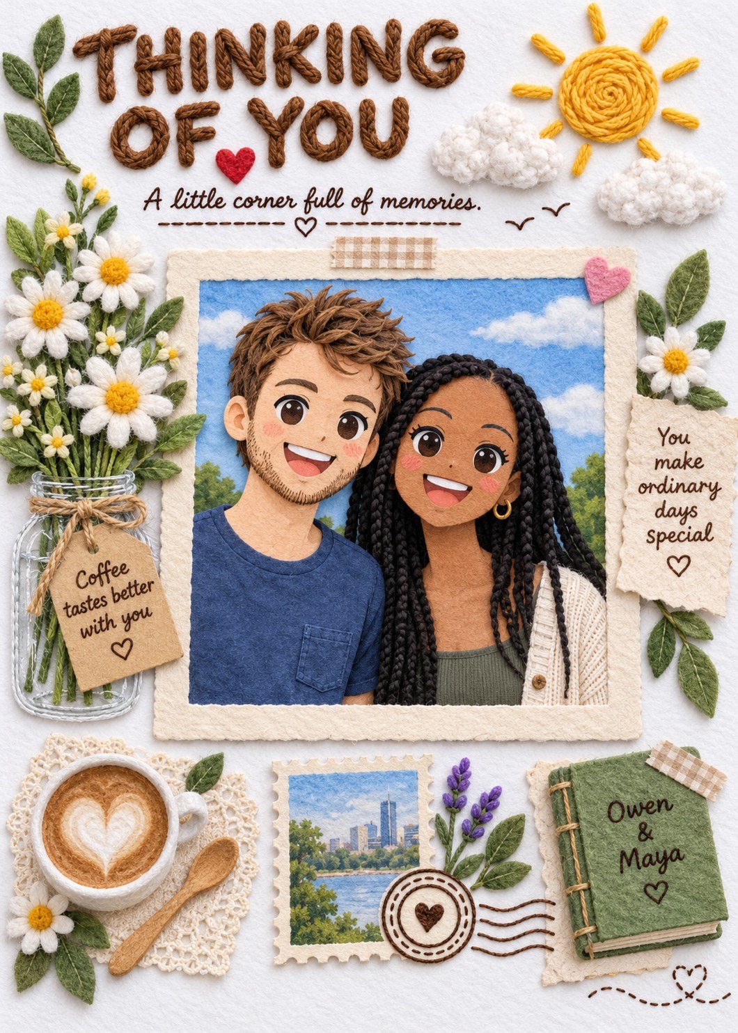 Thinking of you card with a smiling man and woman in a yarn-and-felt collage, a waterfront stamp and a green book labeled Owen & Maya.