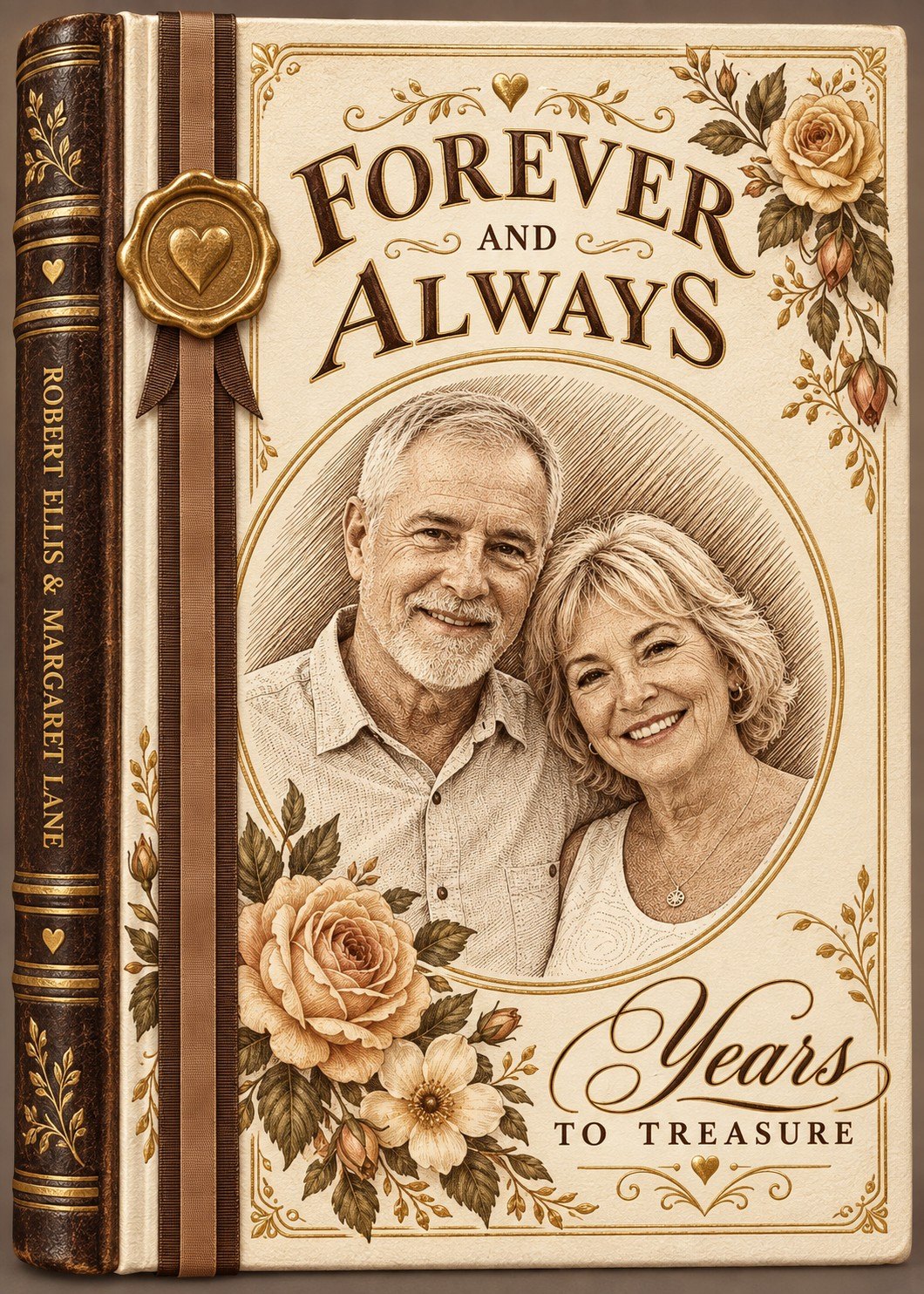 A smiling couple rendered in sepia engraving on an ornate book-cover card, with roses, a gold heart seal, and “Years to Treasure” lettering.