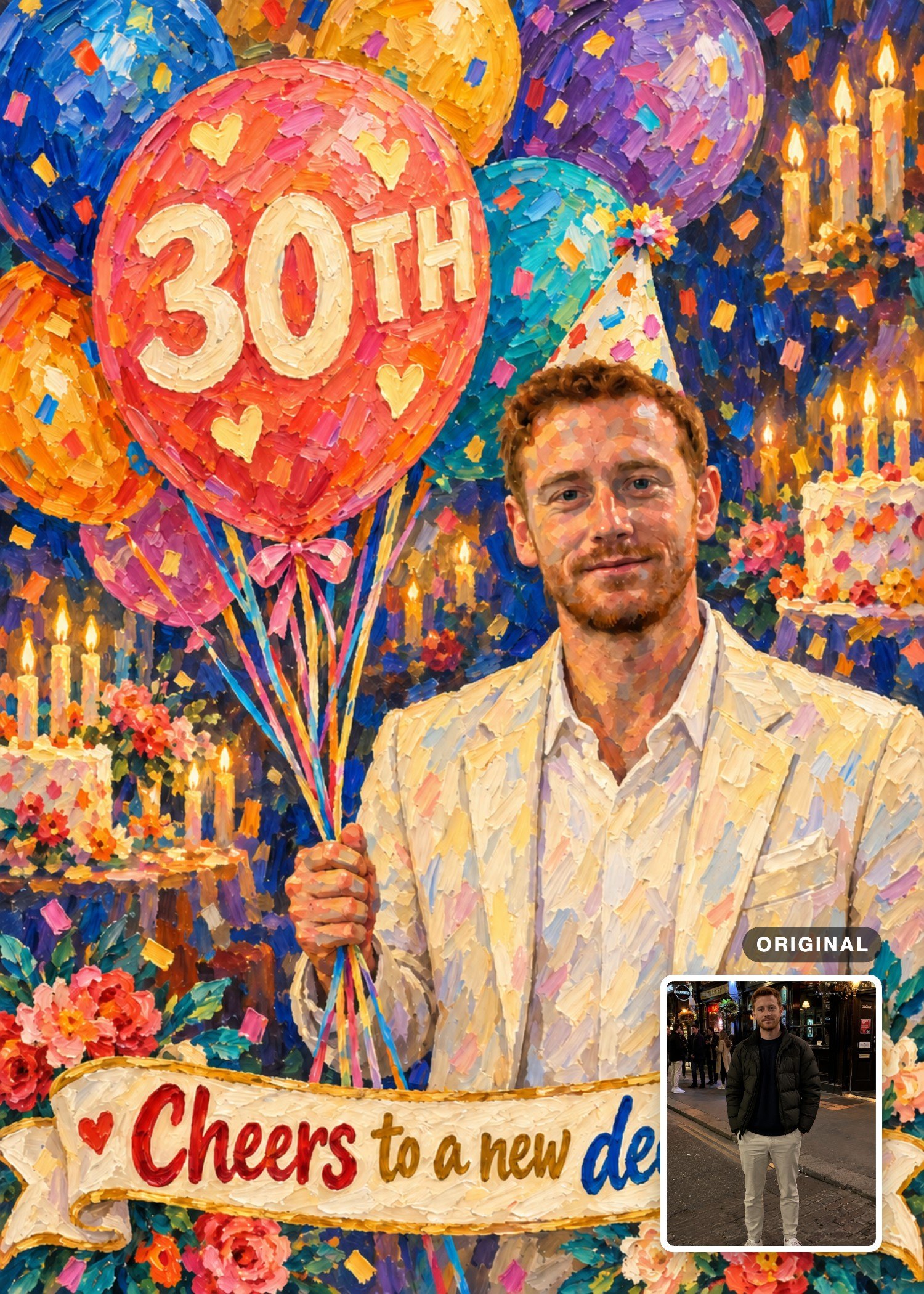 Oil-painted 30th birthday card featuring a red-haired man in a cream suit holding balloons, with his original outdoor photo inset.