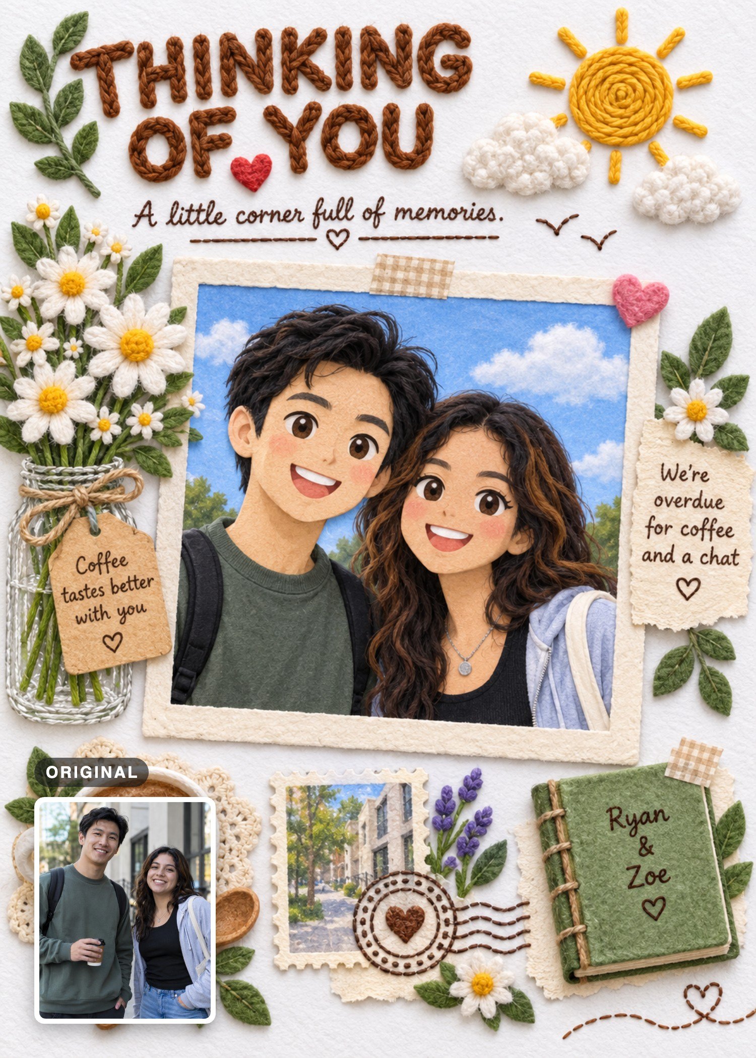 A man and woman reimagined in a stitched collage card, wearing a green sweatshirt and lavender hoodie, with a street-scene stamp and original photo inset.