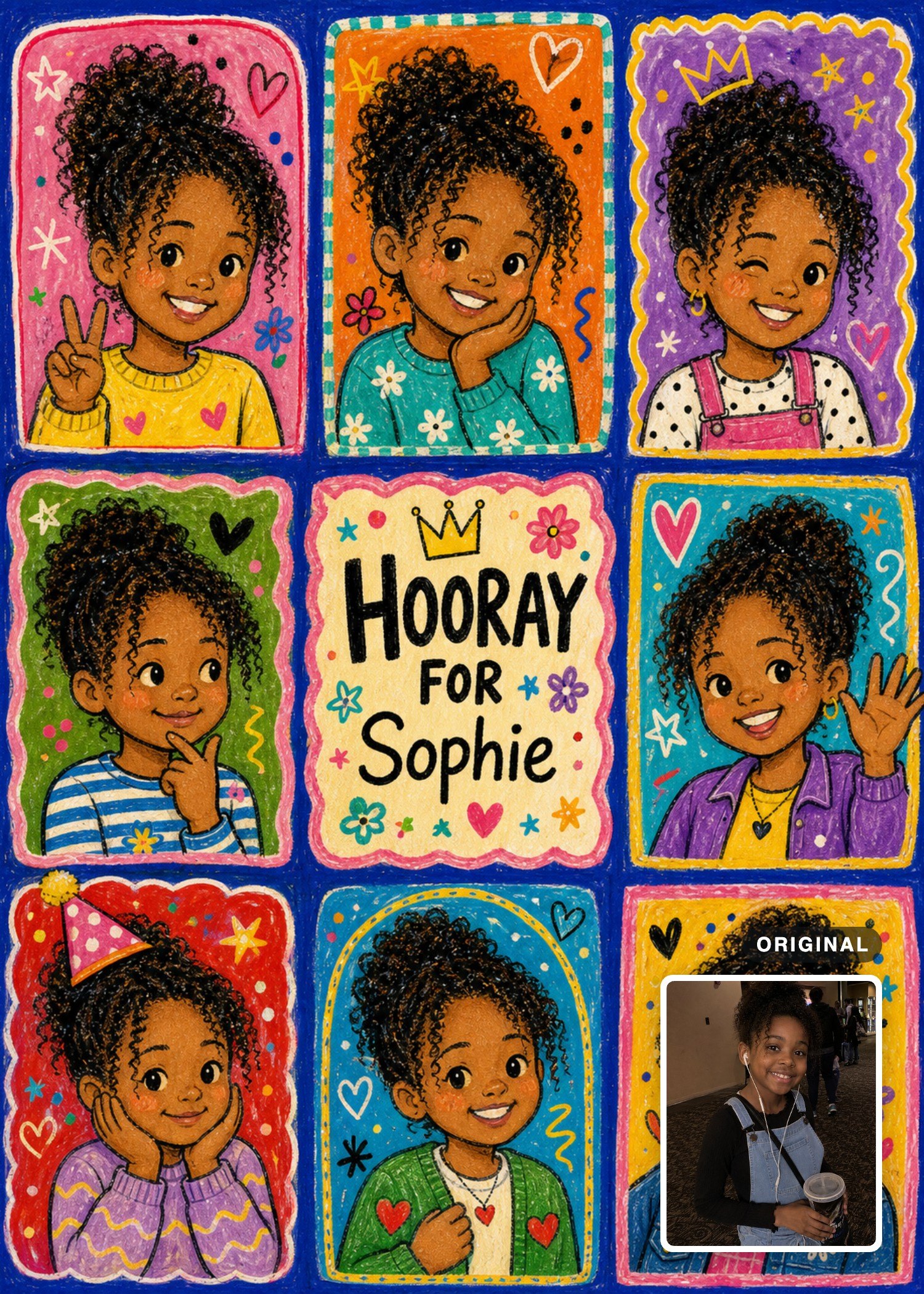 Illustrated birthday collage with eight playful portraits of Sophie and the original photo inset.
