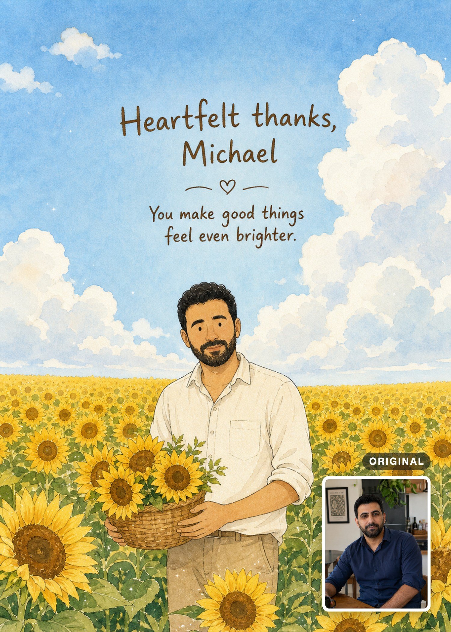 Sunflower thank-you card with a man holding a basket of flowers, with the original photo inset.