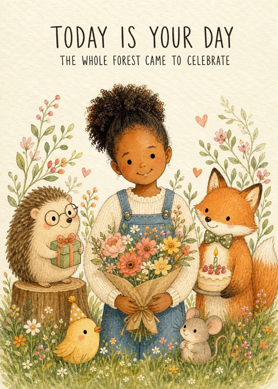 Storybook woodland birthday card with a child holding flowers beside friendly forest animals.