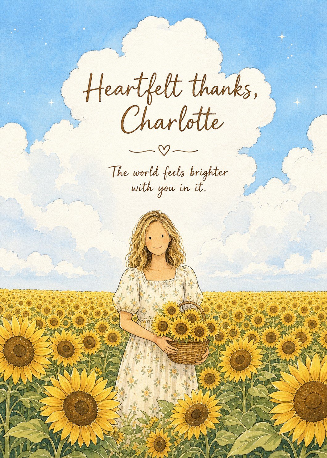 Personalized illustrated sunflower thank-you card with a woman standing in a bright sunflower field.
