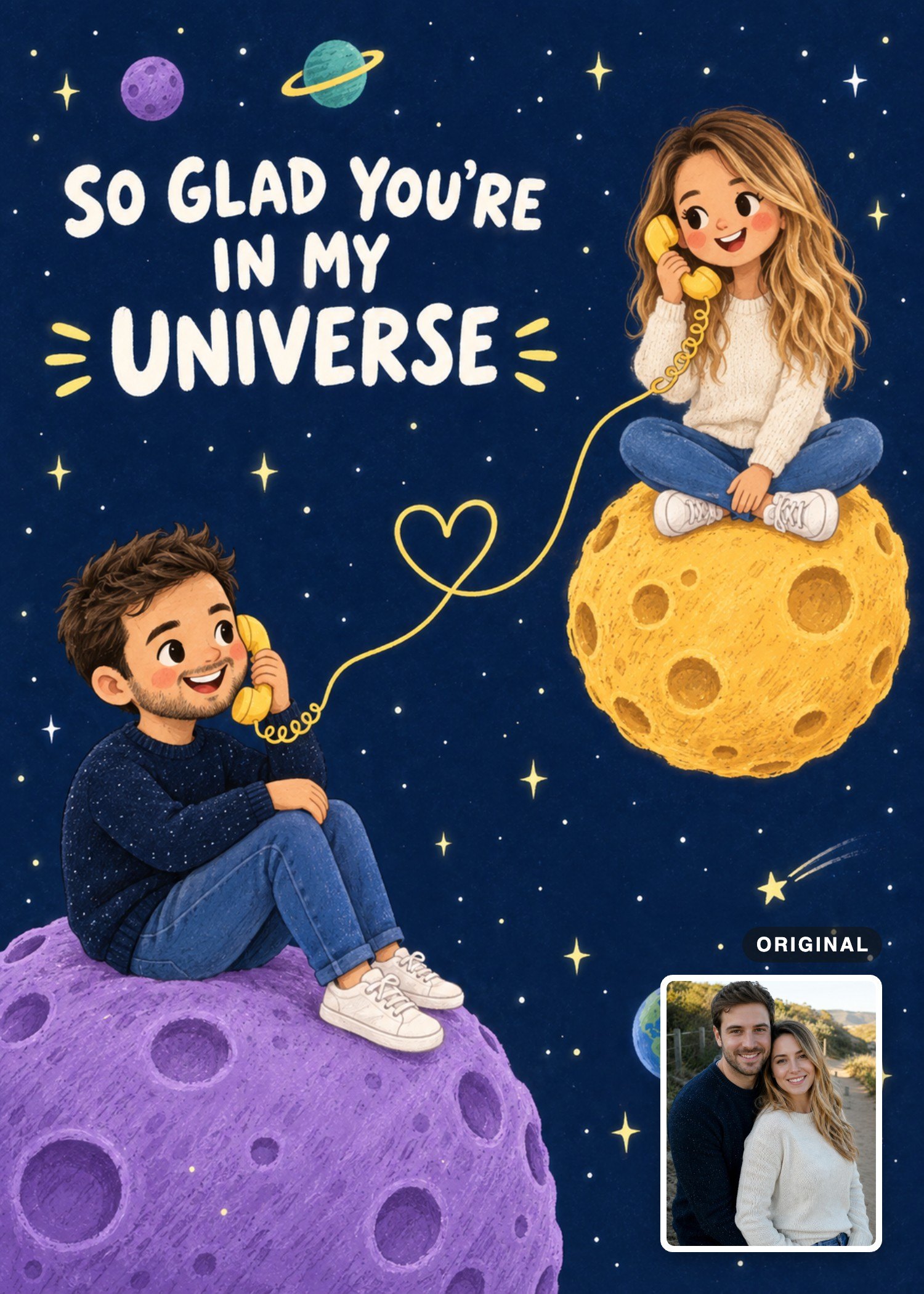 A couple in navy and cream sweaters illustrated on purple and golden planets, joined by a heart-shaped telephone cord, with their original photo inset.