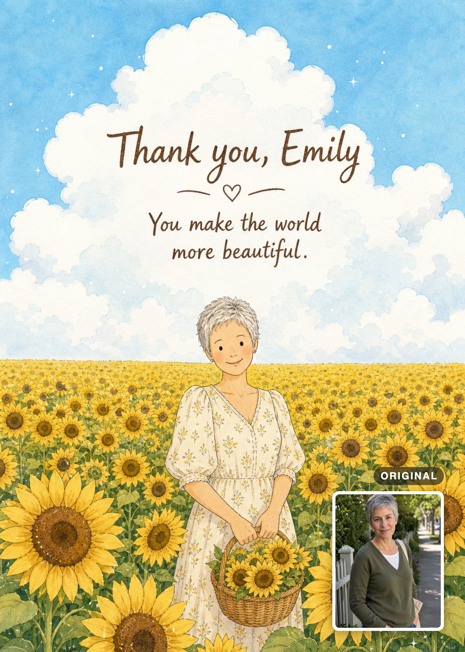 Sunflower thank-you card with an older woman holding a flower basket, with the original photo inset.