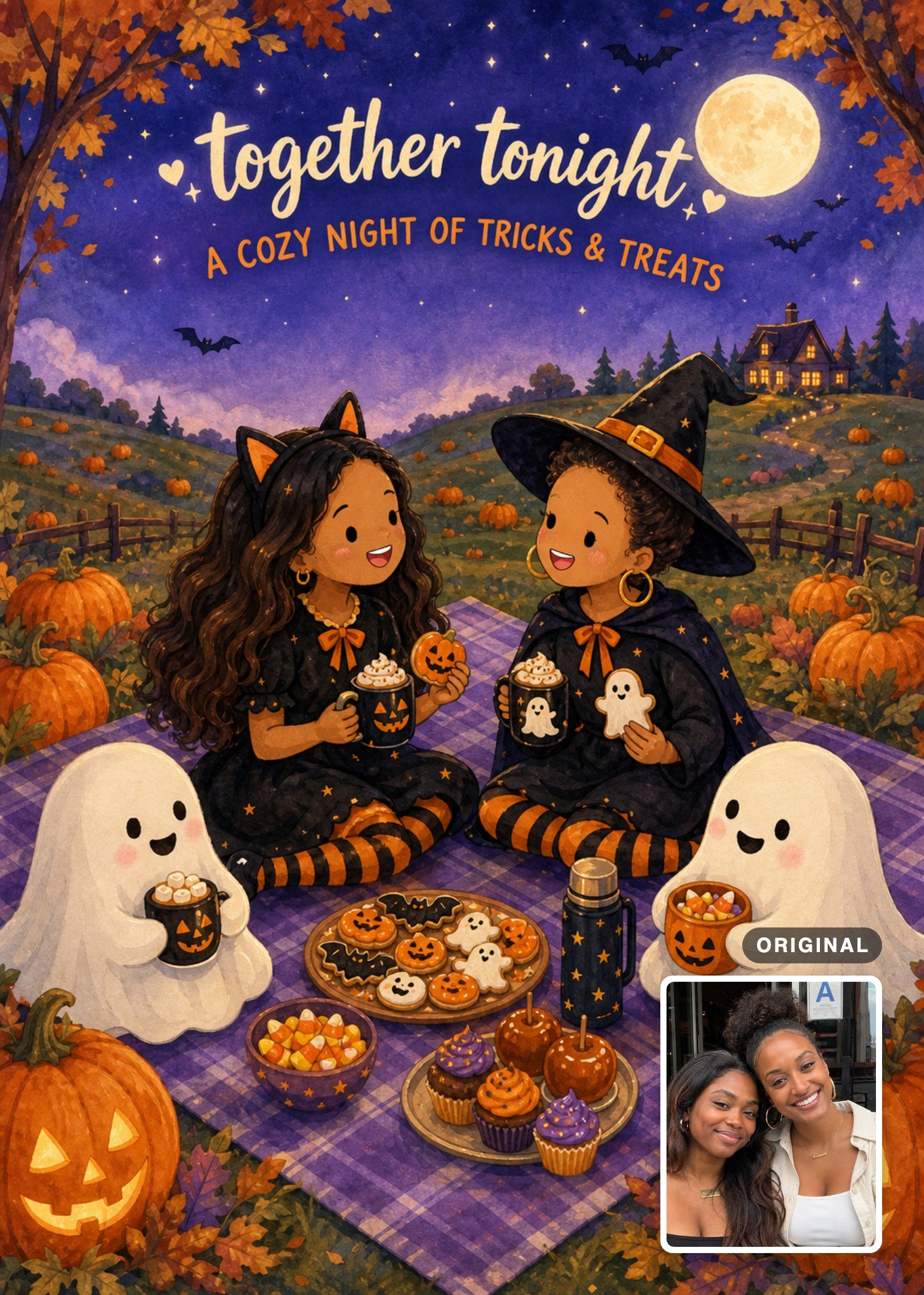 Halloween picnic card with two women in witch outfits under the moon, with the original photo inset.