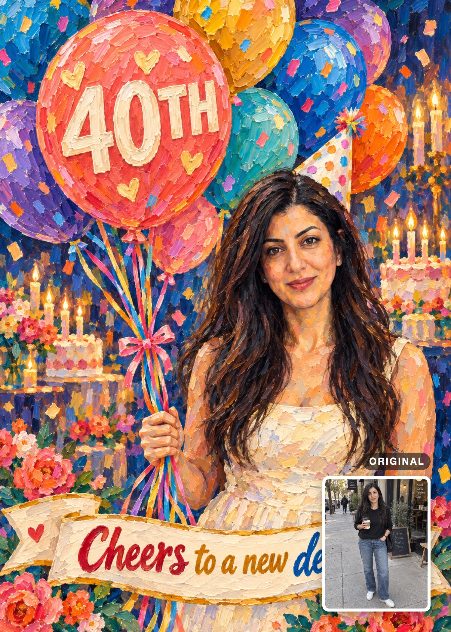 Oil-painted 40th birthday card featuring a smiling woman with long dark hair in a cream dress holding balloons, with her original street photo inset.