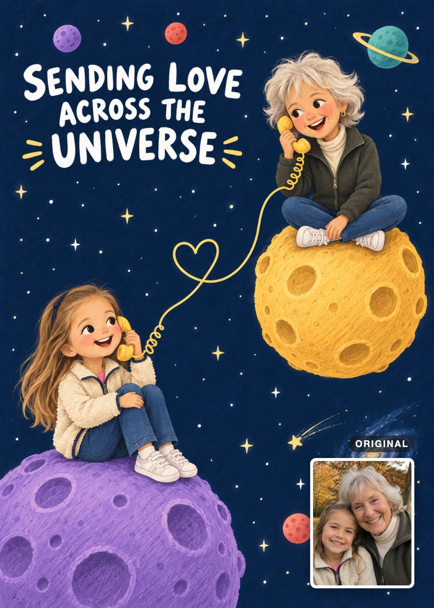 An older woman and a girl sharing a telephone call across a starry sky in a storybook card, with their original photo inset.