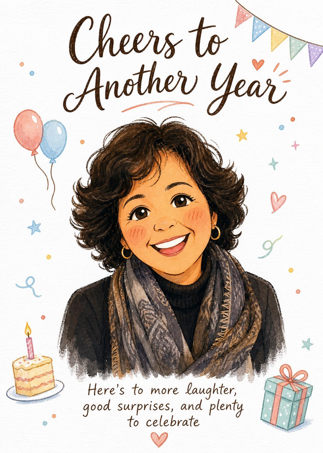 Personalized watercolor birthday card with a smiling woman, balloons, cake, and a gift box.
