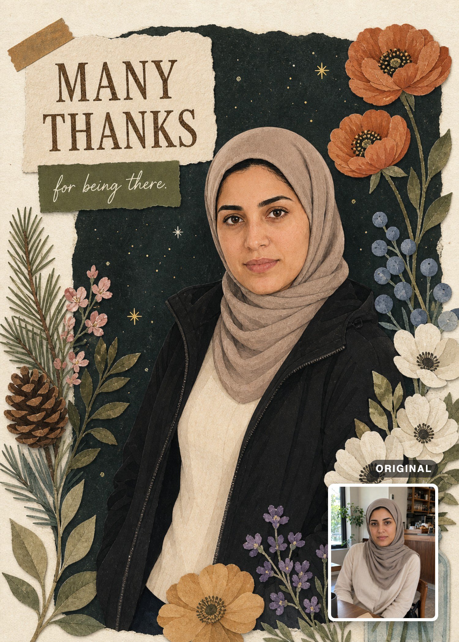 Botanical thank-you card with a woman in a hijab framed by pressed flowers, with the original photo inset.