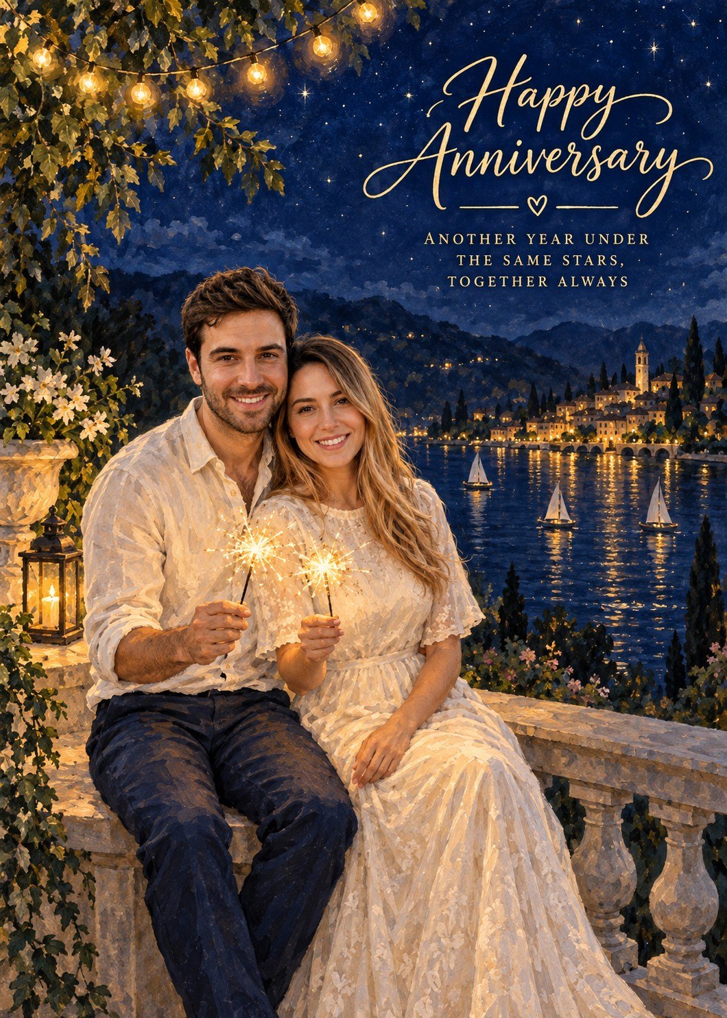 Illustrated anniversary card of a smiling couple holding sparklers beside a lake beneath a starry sky.