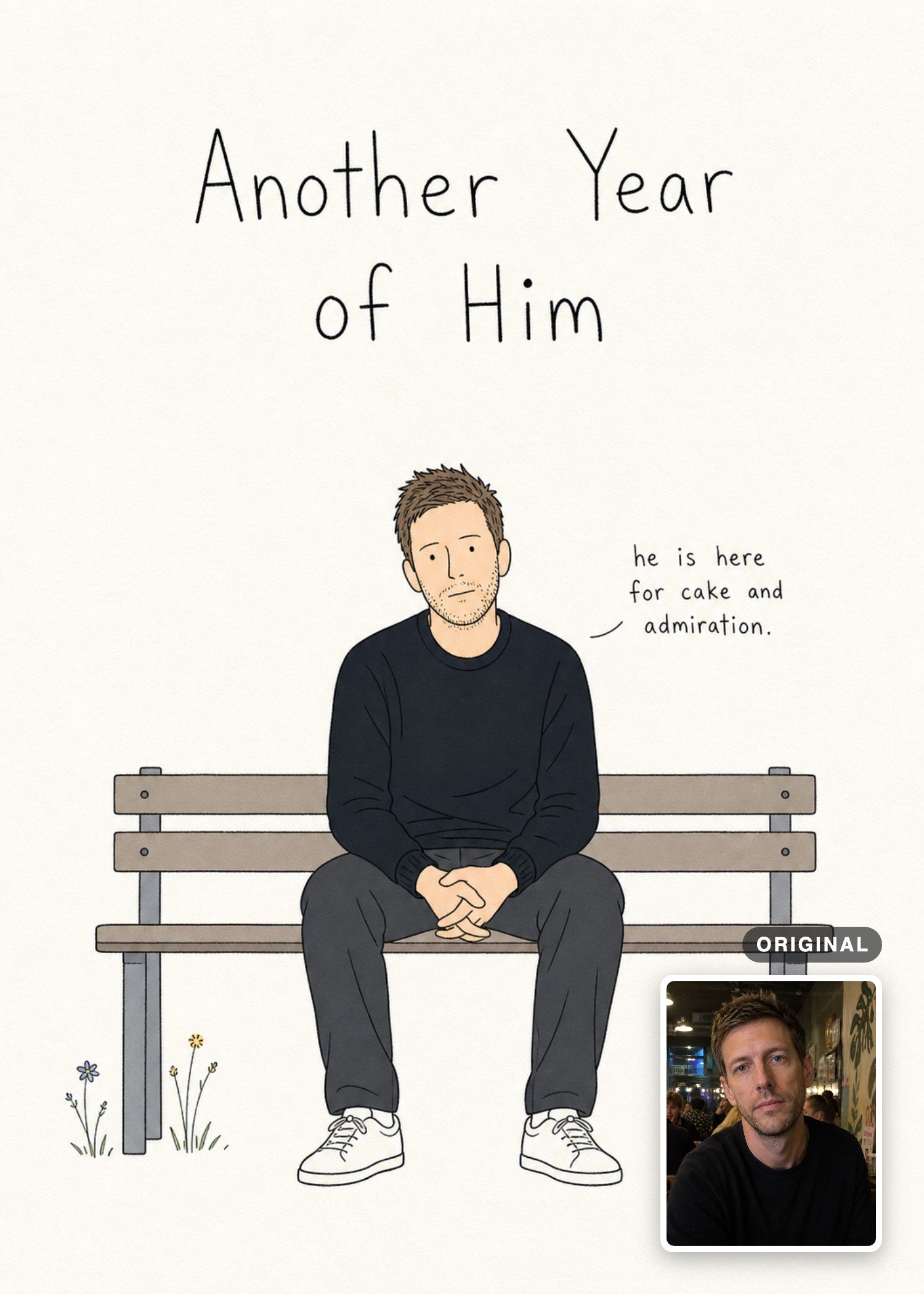 Minimalist birthday card with a man seated on a park bench, with the original photo inset.